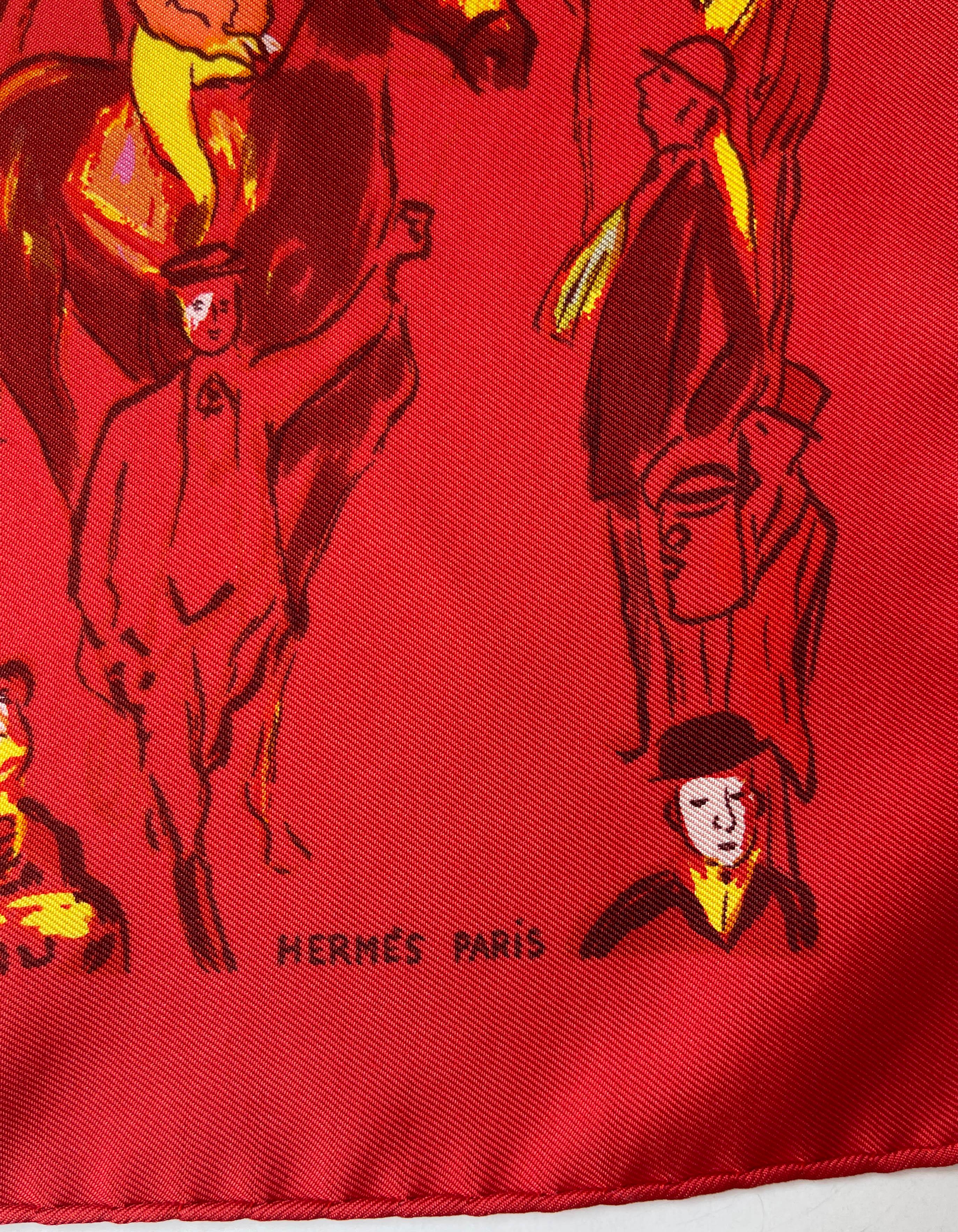Hermes Red Silk Paddock 45cm Pocket Square by Jean-Louis Clerc In Excellent Condition In New York, NY