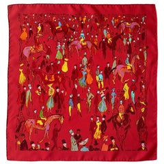 Hermes Red Silk Paddock 45cm Pocket Square by Jean-Louis Clerc
