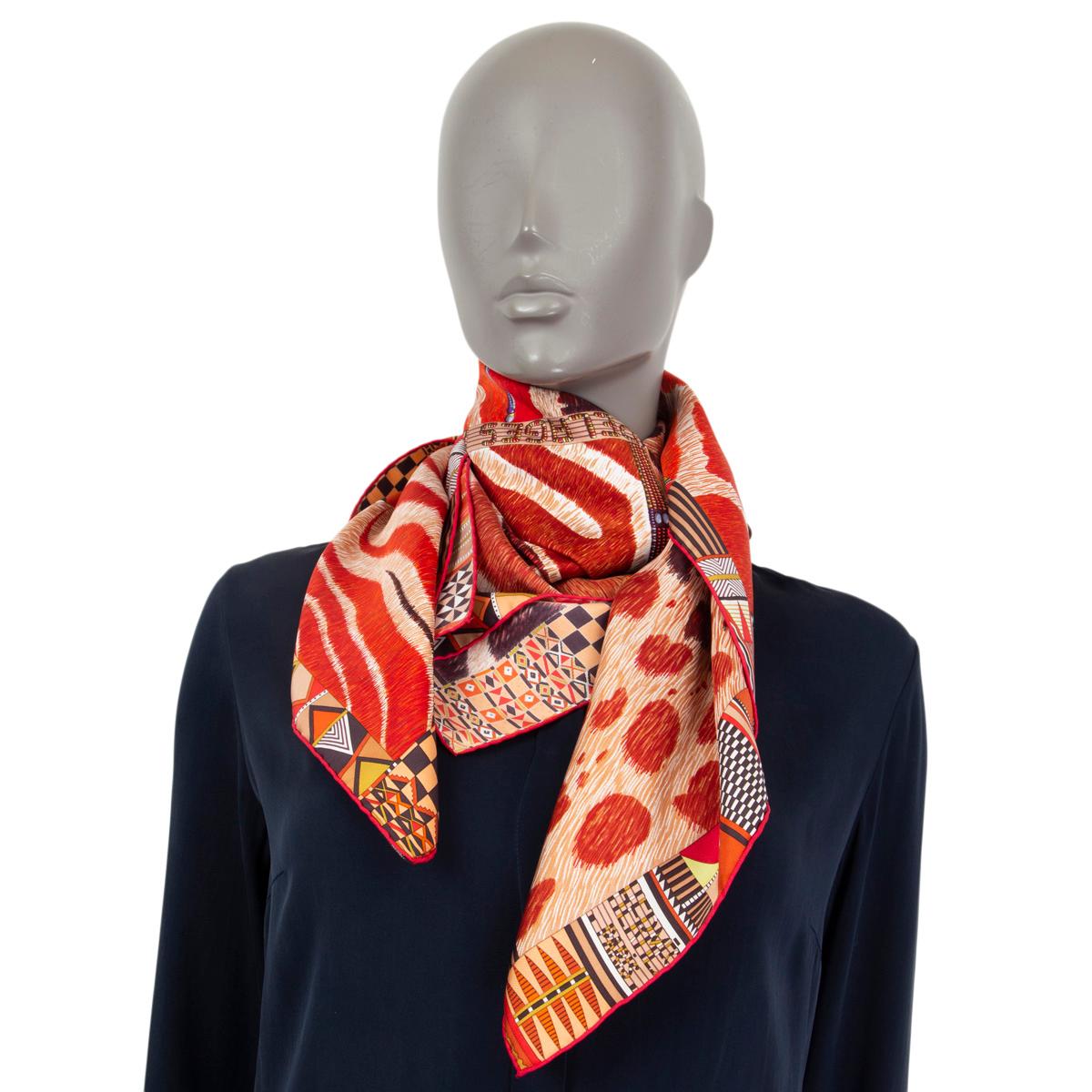 HERMES red silk PELAGES ET CAMOUFLAGE 90 Twill Scarf 2