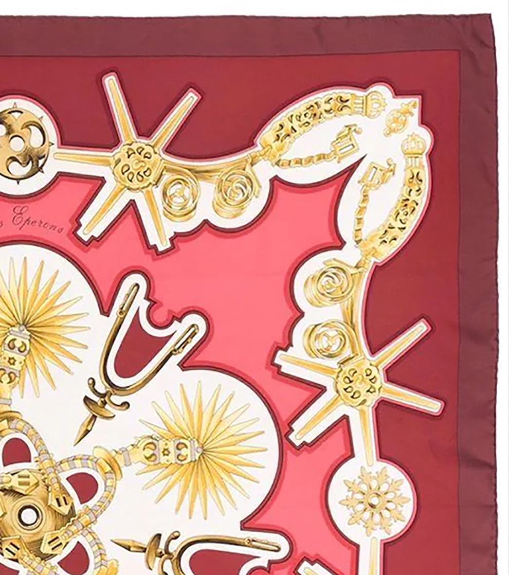 Hermes Red Silk Scarf Les Eperons by F. de la Perriere In Good Condition For Sale In Paris, FR
