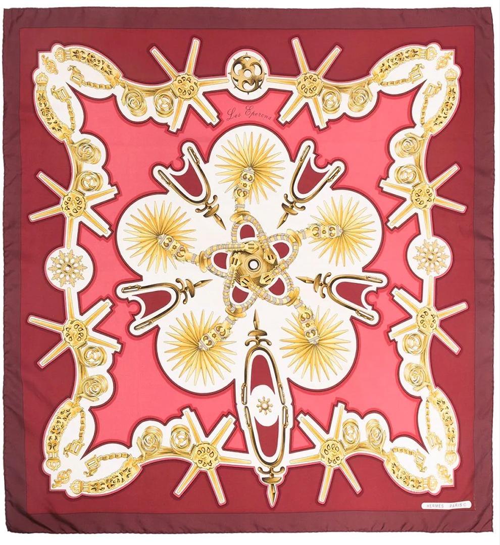 Hermes Red Silk Scarf Les Eperons by F. de la Perriere For Sale 3