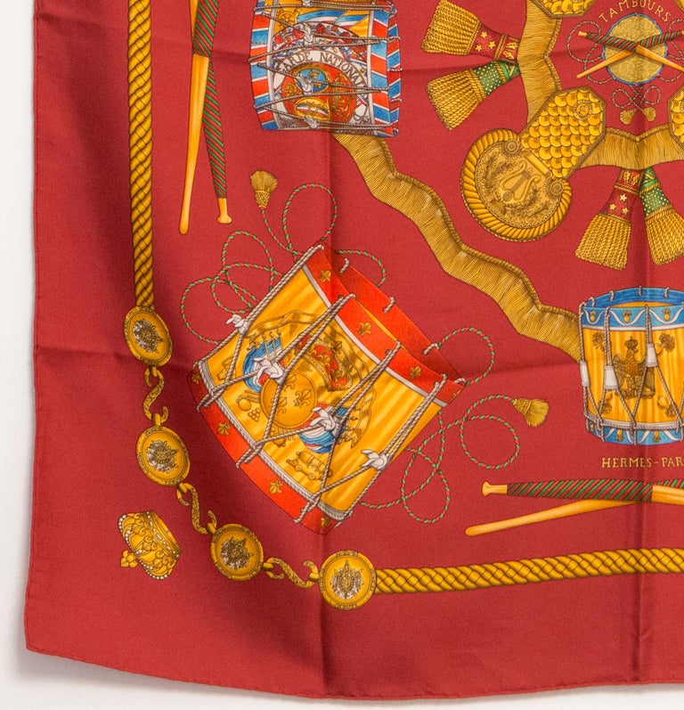 Hermes Red Silk Scarf Les Tambours For Sale at 1stDibs