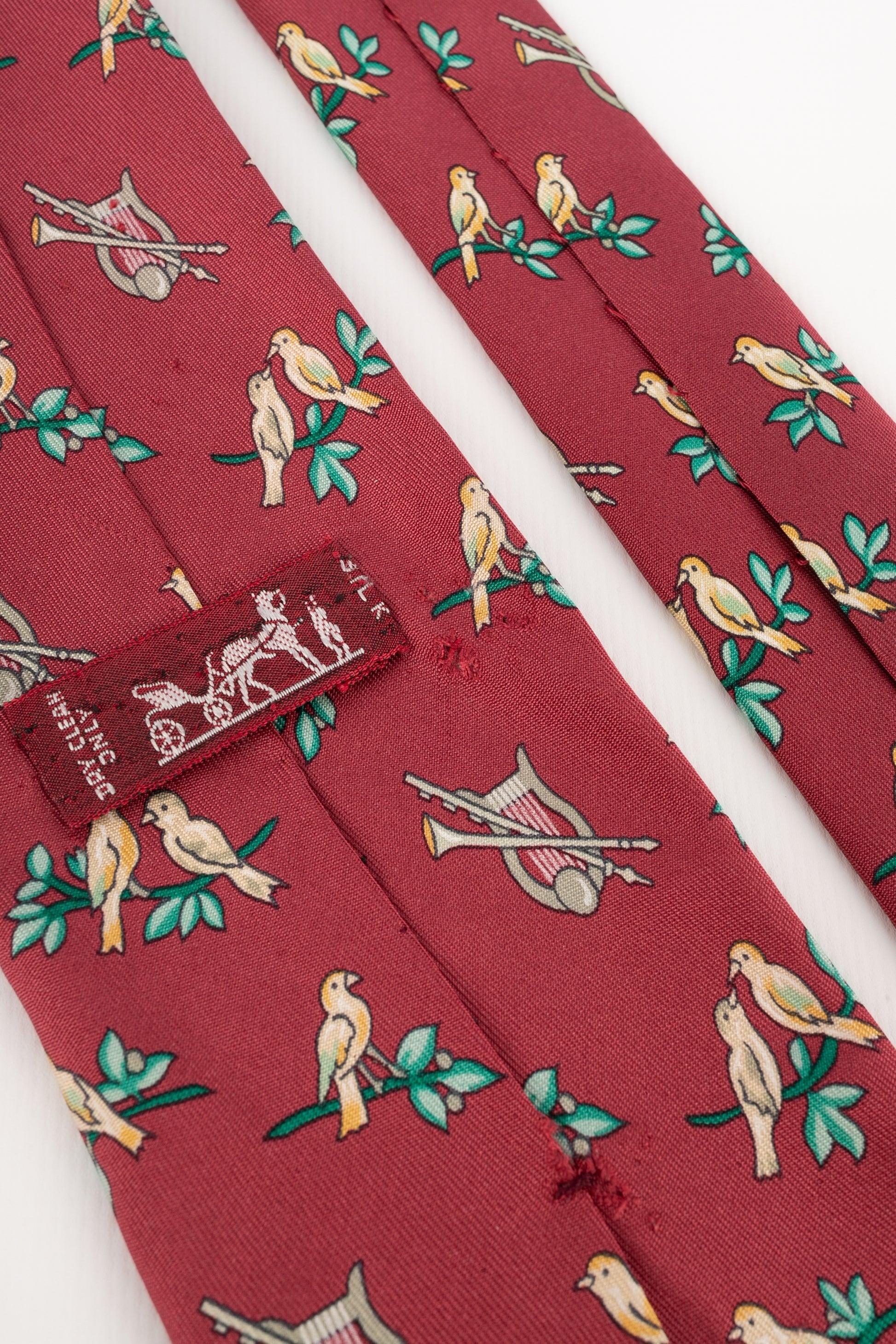 Brown Hermès Red Silk Tie Illustrated with Lyres For Sale