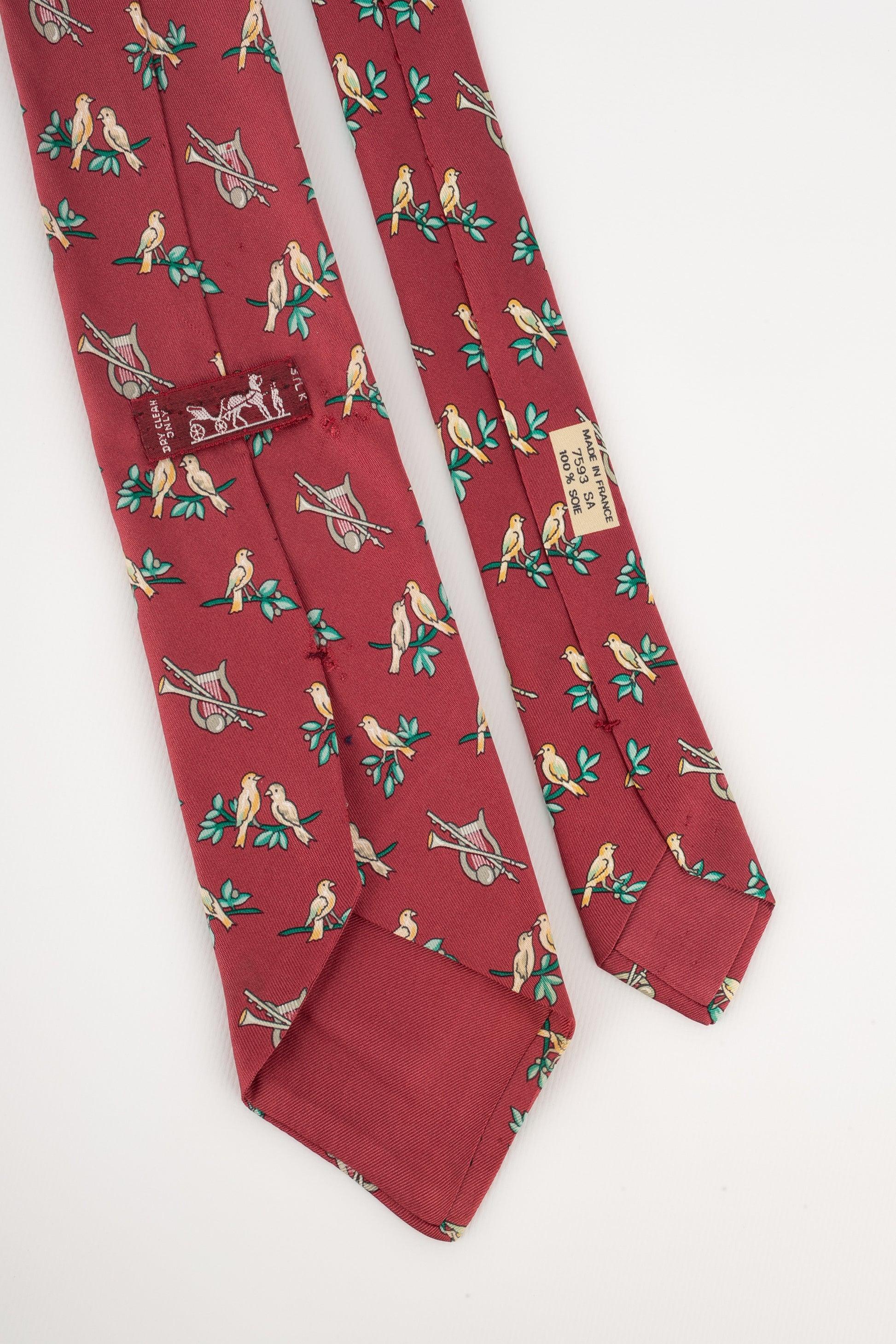 Women's Hermès Red Silk Tie Illustrated with Lyres For Sale