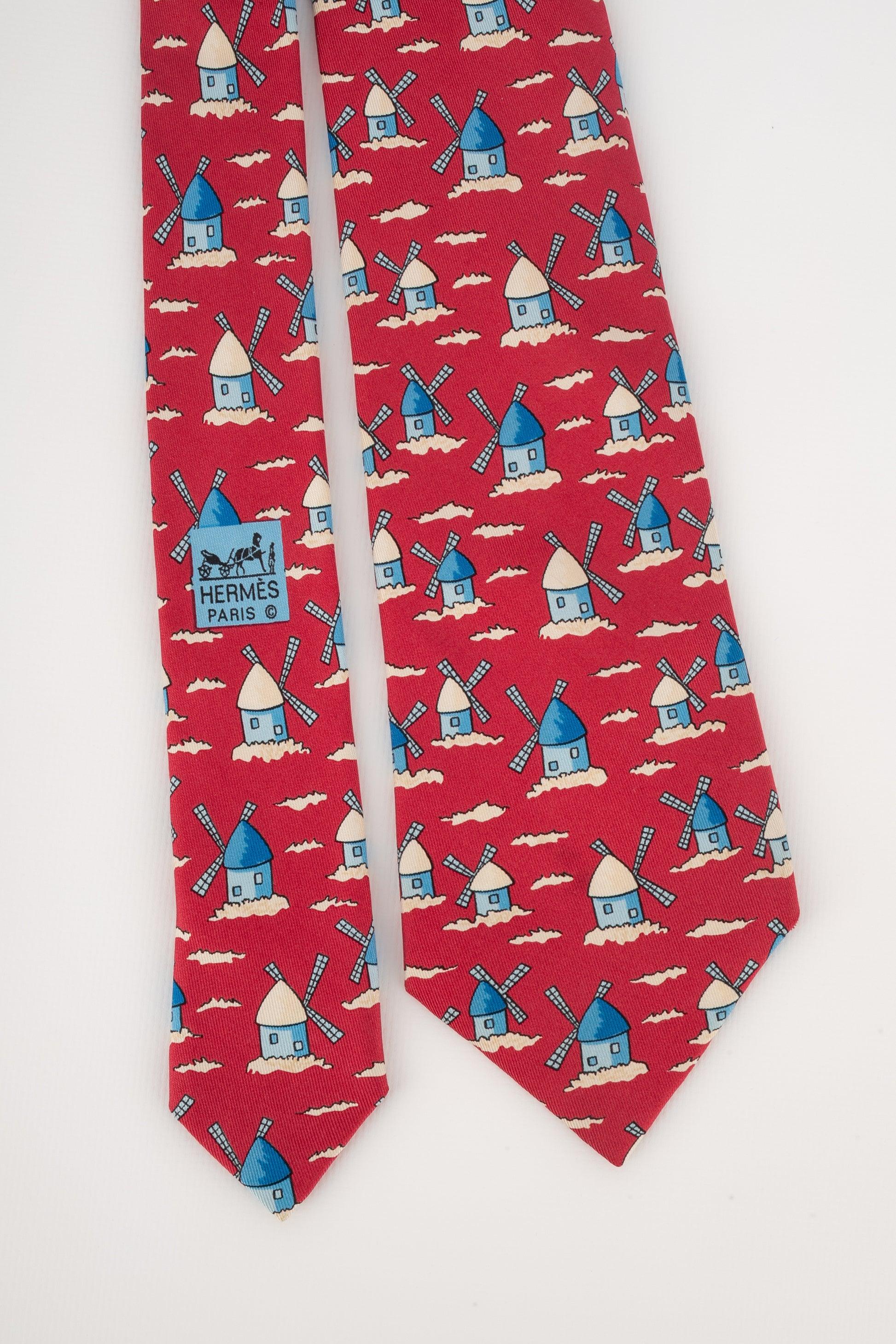 Hermès Red Silk Tie Illustrated with Mills In Excellent Condition In SAINT-OUEN-SUR-SEINE, FR