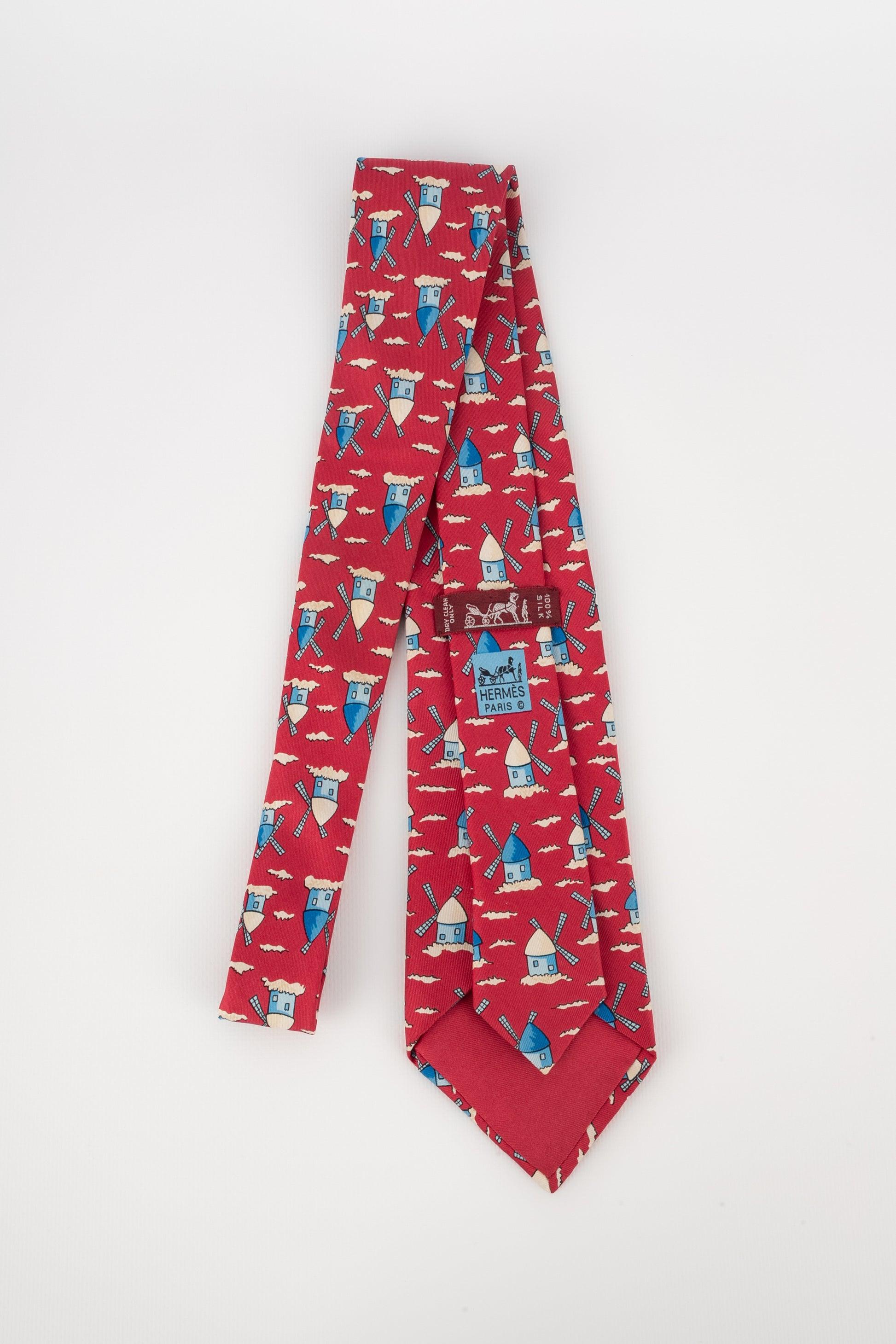 Women's Hermès Red Silk Tie Illustrated with Mills