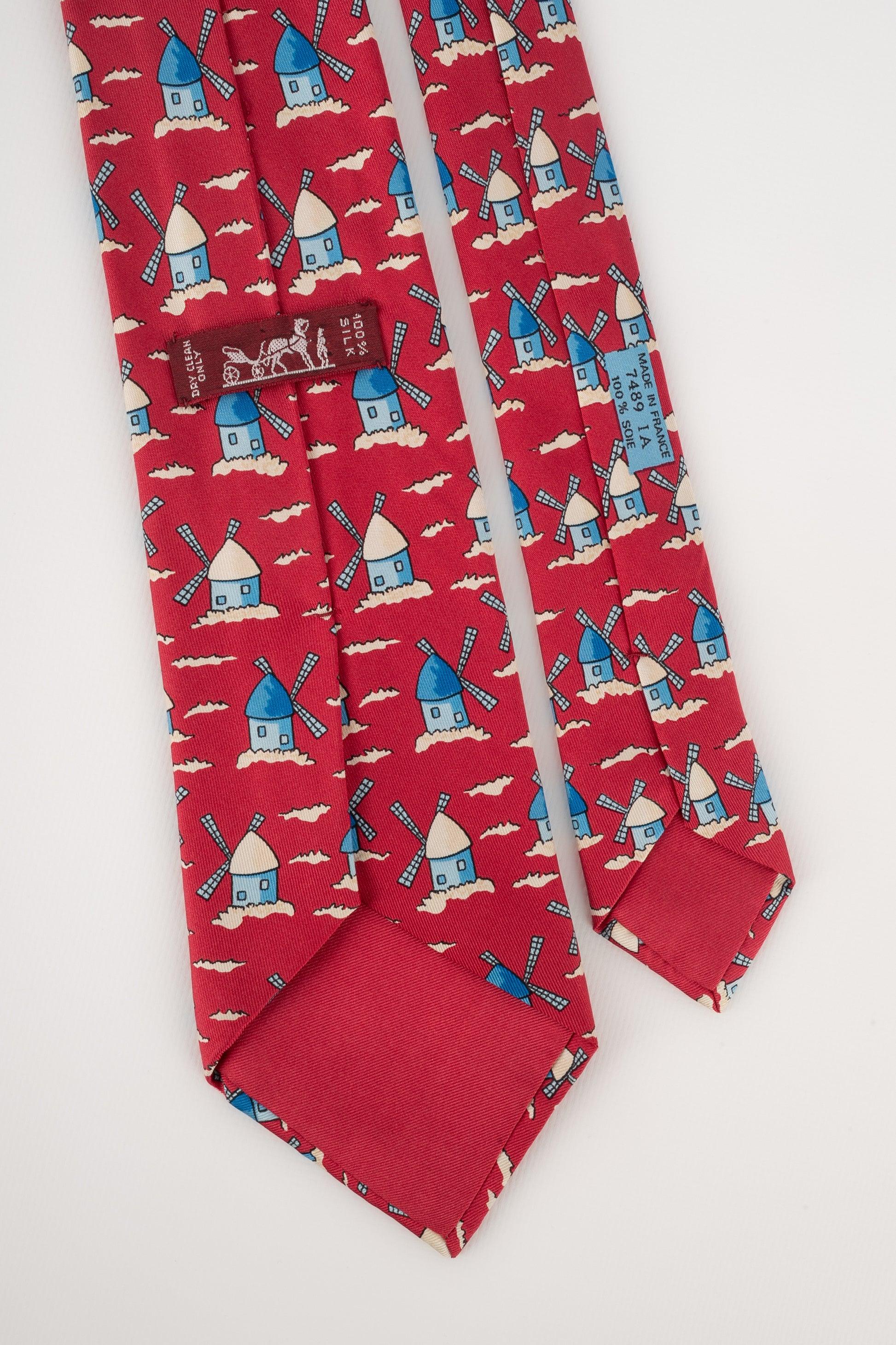 Hermès Red Silk Tie Illustrated with Mills 1