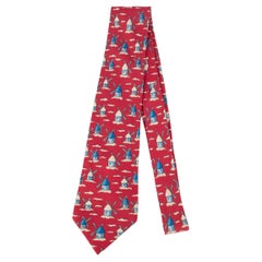 Hermès Red Silk Tie Illustrated with Mills