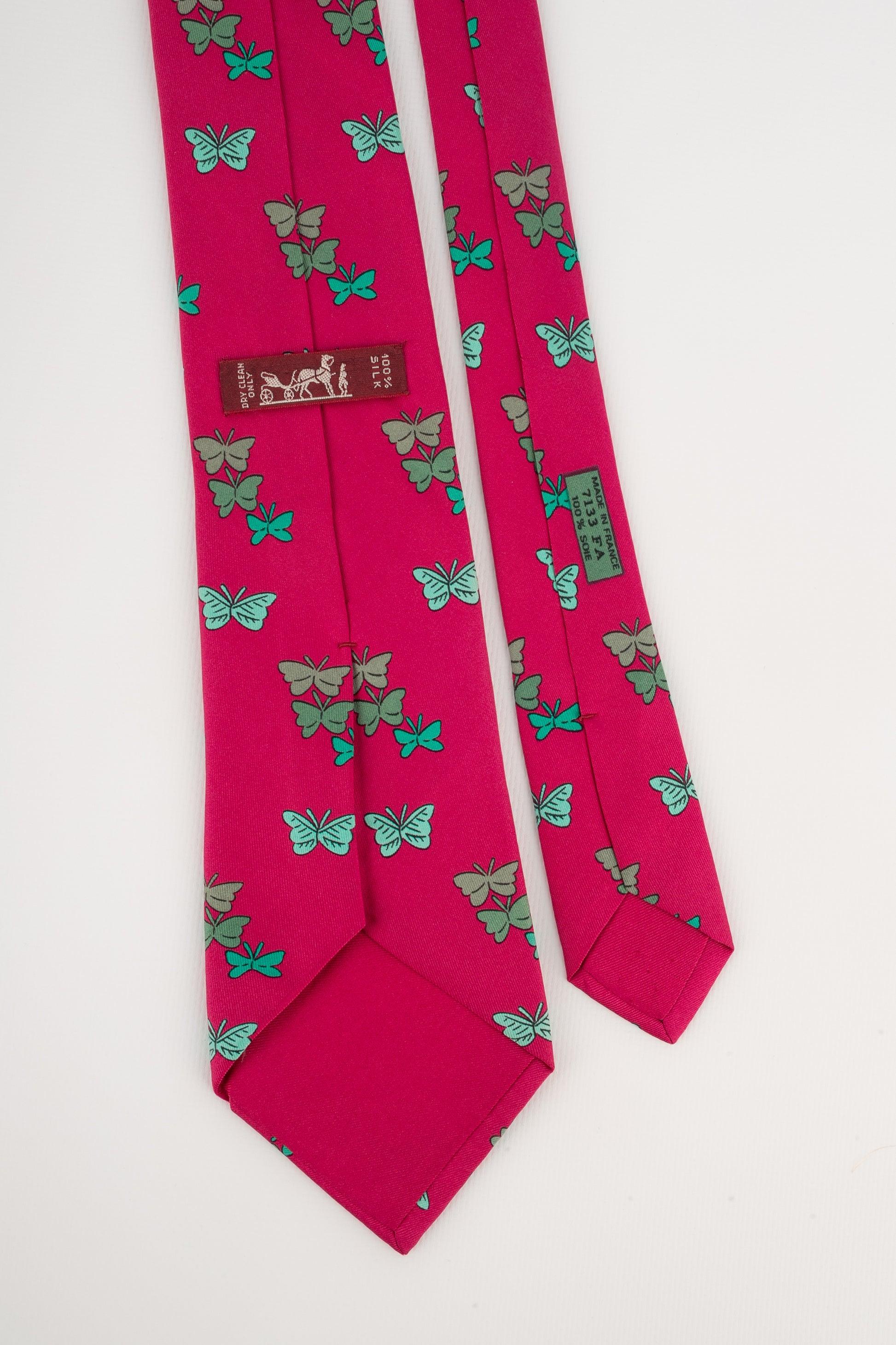 Hermès Red Silk Tie Printed with Butterflies For Sale 1