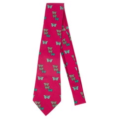 Used Hermès Red Silk Tie Printed with Butterflies