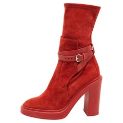 Hermes Red Suede Block Heel Ankle Boots Size 38