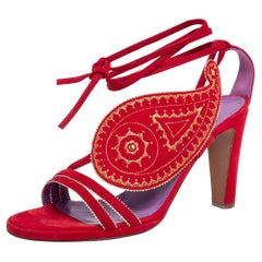 Hermes Red Suede Embroidered Tie Up Sandals Size 37