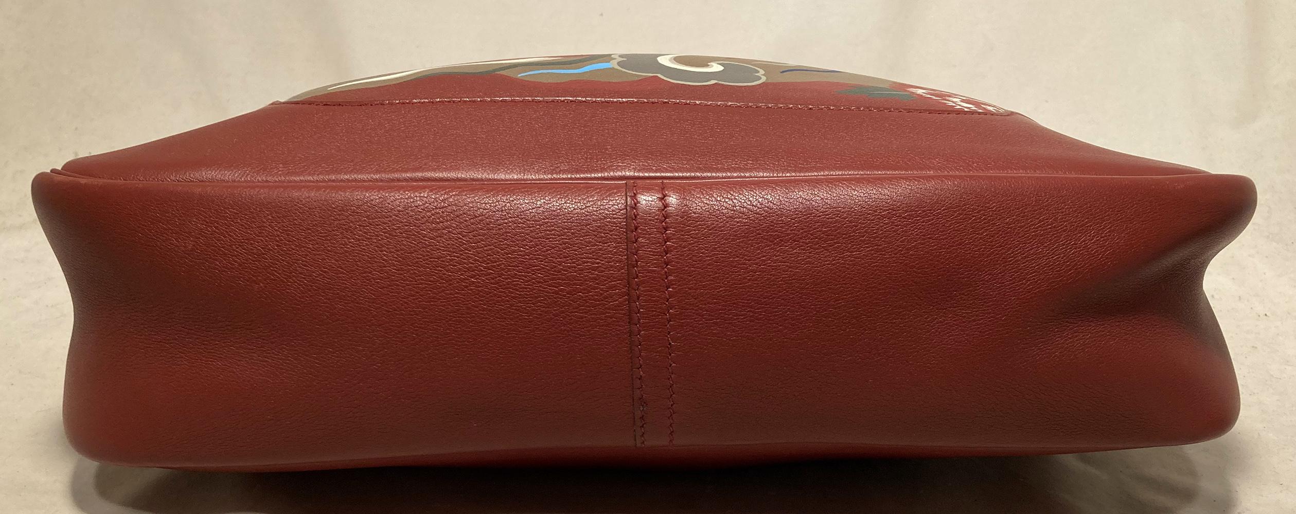 Brown Hermes Red Swift Leather Trim Bag Hand Painted