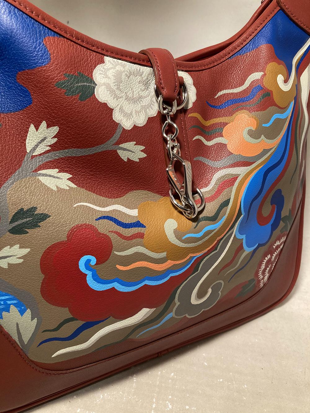 Hermes Red Swift Leather Trim Bag Hand Painted In Excellent Condition In Philadelphia, PA