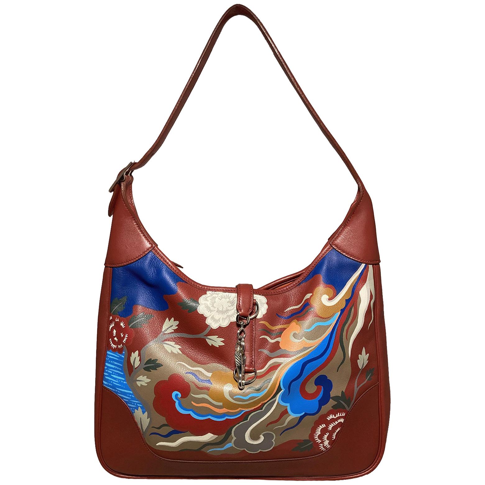 Hermes Red Swift Leather Trim Bag Hand Painted