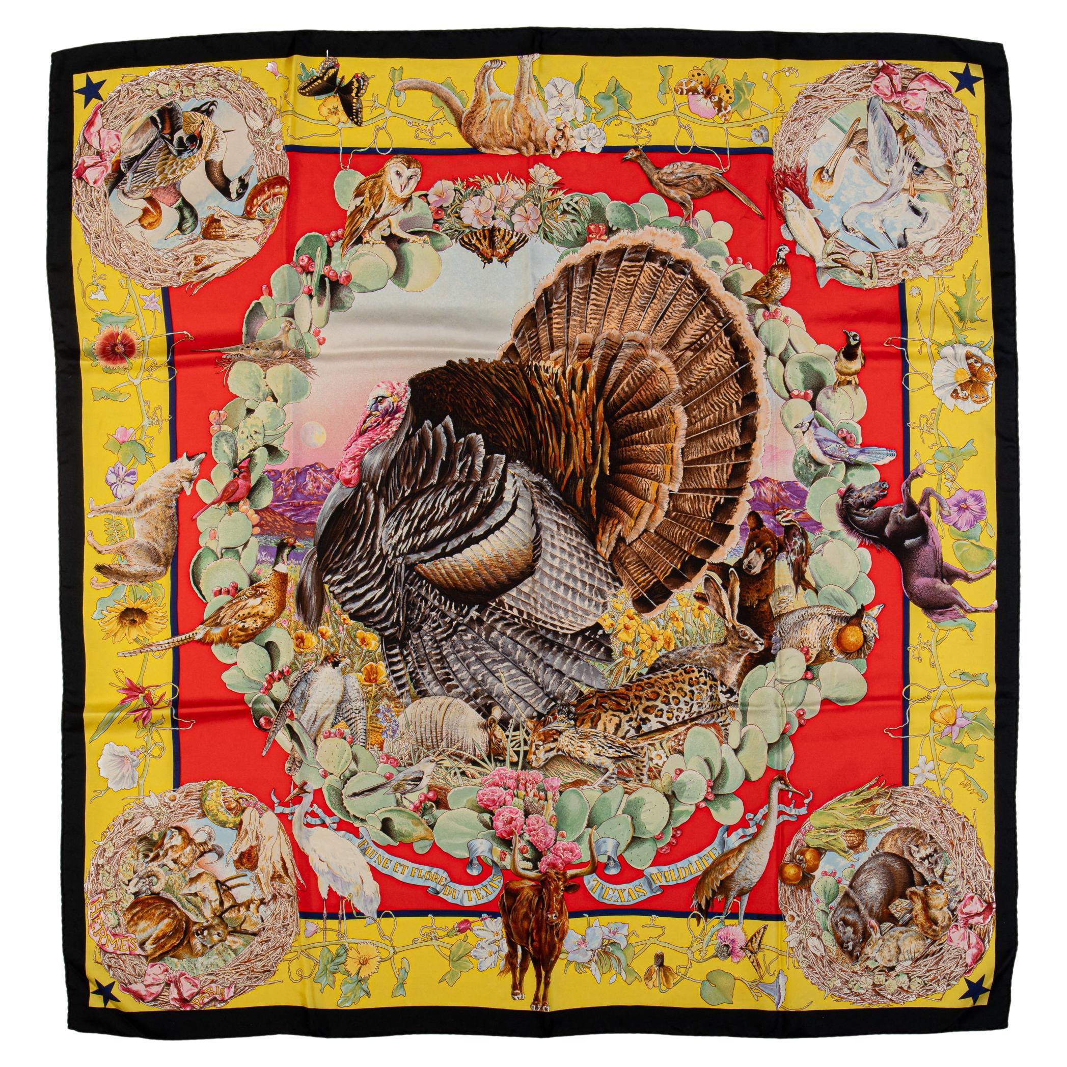 Hermès Red Texas Wildlife Scarf, Oliver, Yellow For Sale
