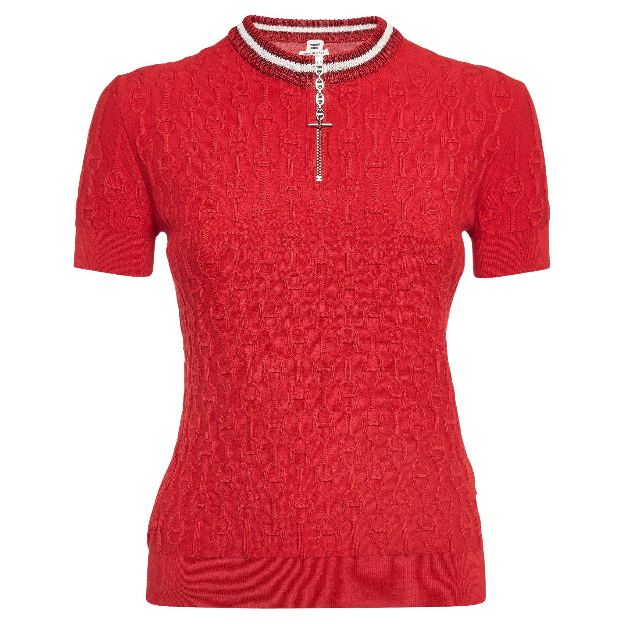  Hermès Red Textured Knit Chaines d' Ancre Zipper Top S For Sale