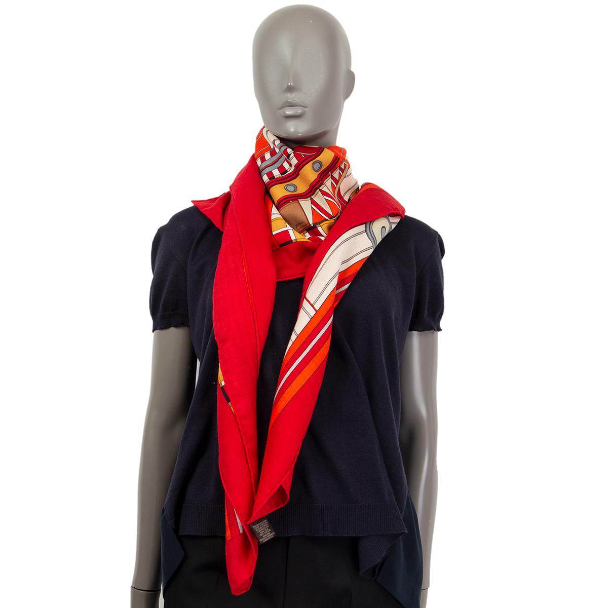 Women's or Men's HERMES red VOLTES ET PIROUETTES 140 Scarf cashmere Rouge Creme Beige