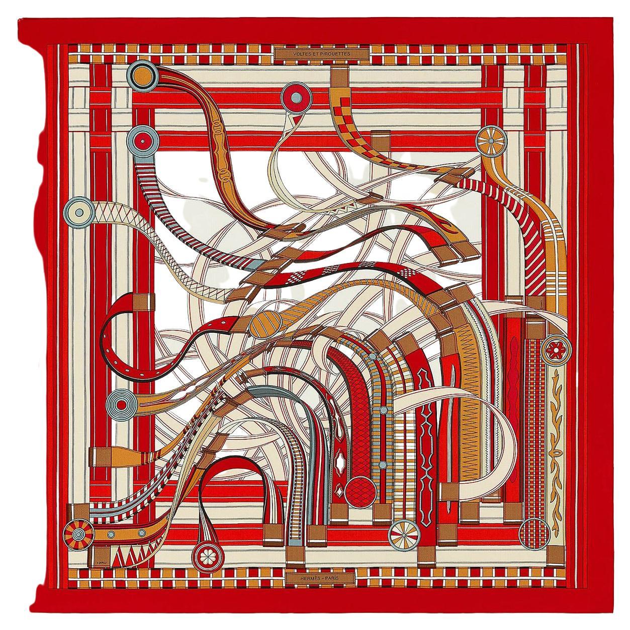 HERMES red VOLTES ET PIROUETTES 140 Scarf cashmere Rouge Creme Beige