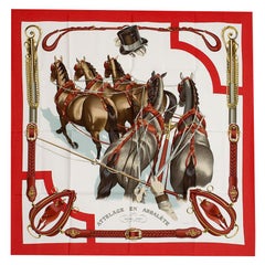 Hermes red white ATTELAGE EN ARBALETE 90 silk twill Scarf