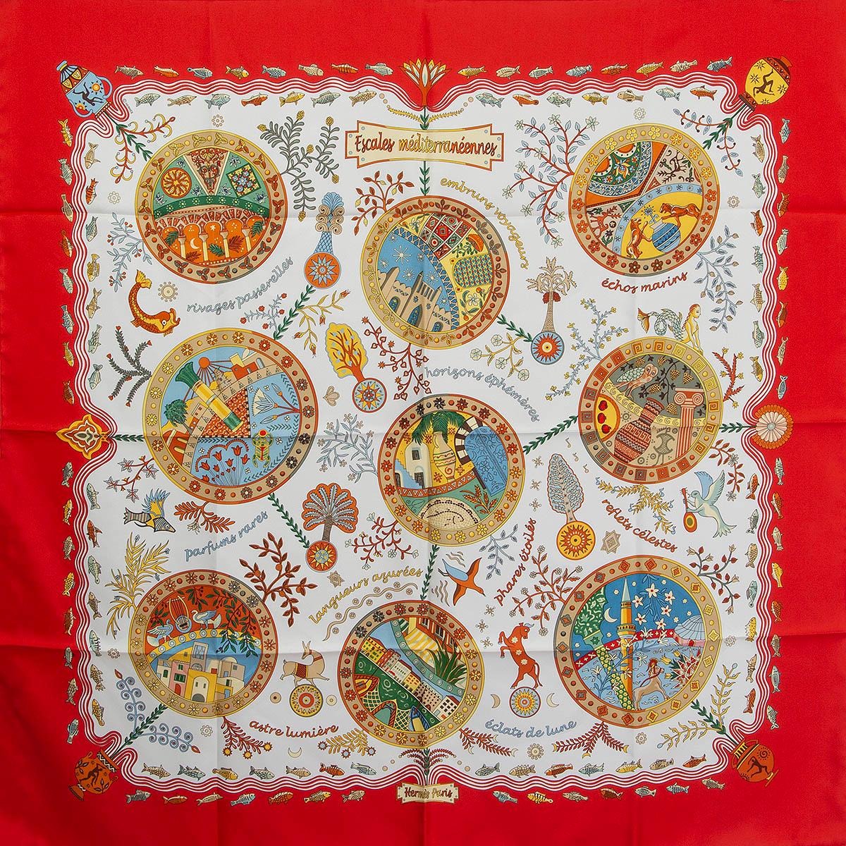 Hermes red white ESCALES MEDITERRANEENNES 90 Scarf silk For Sale
