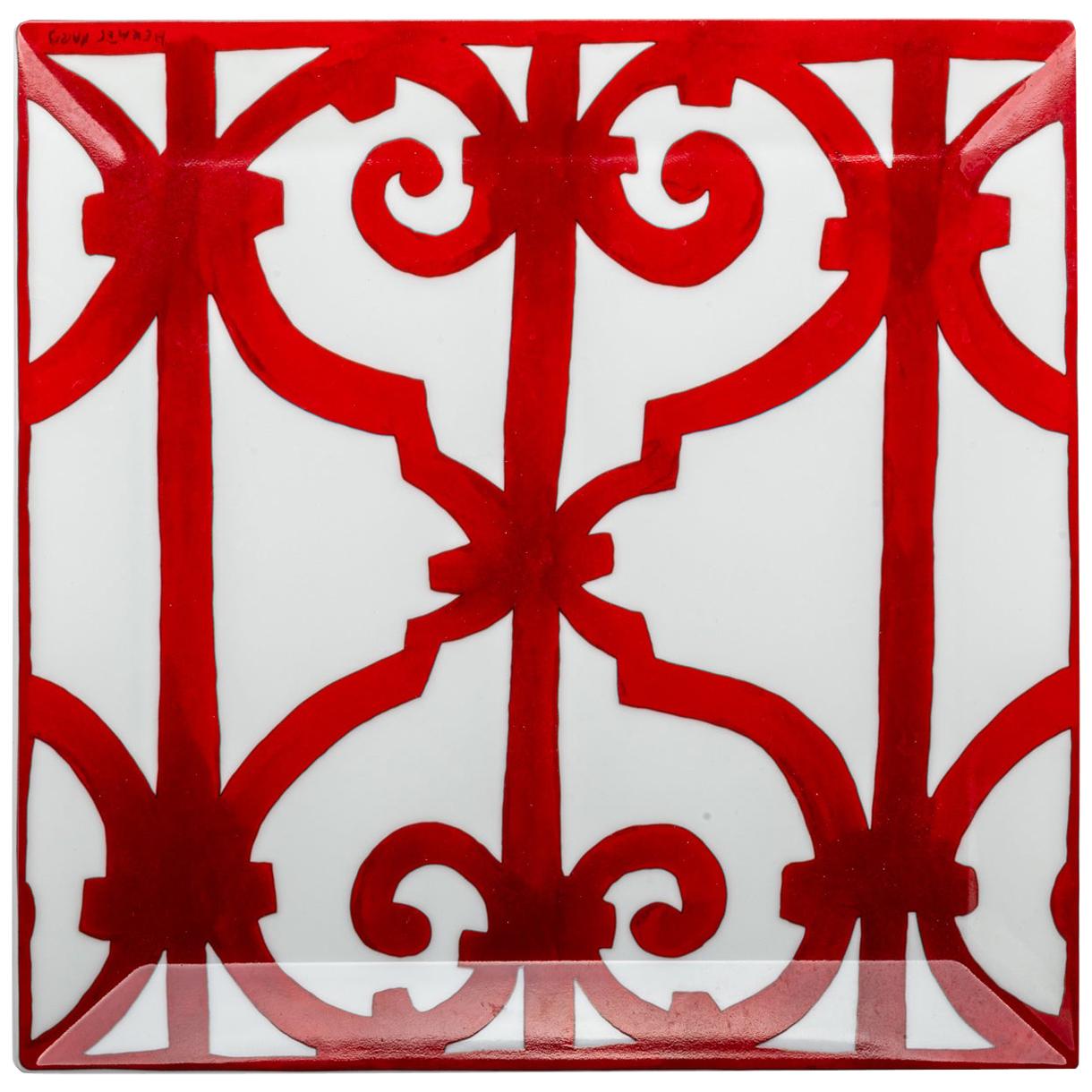 Hermes Red & White Square Plate