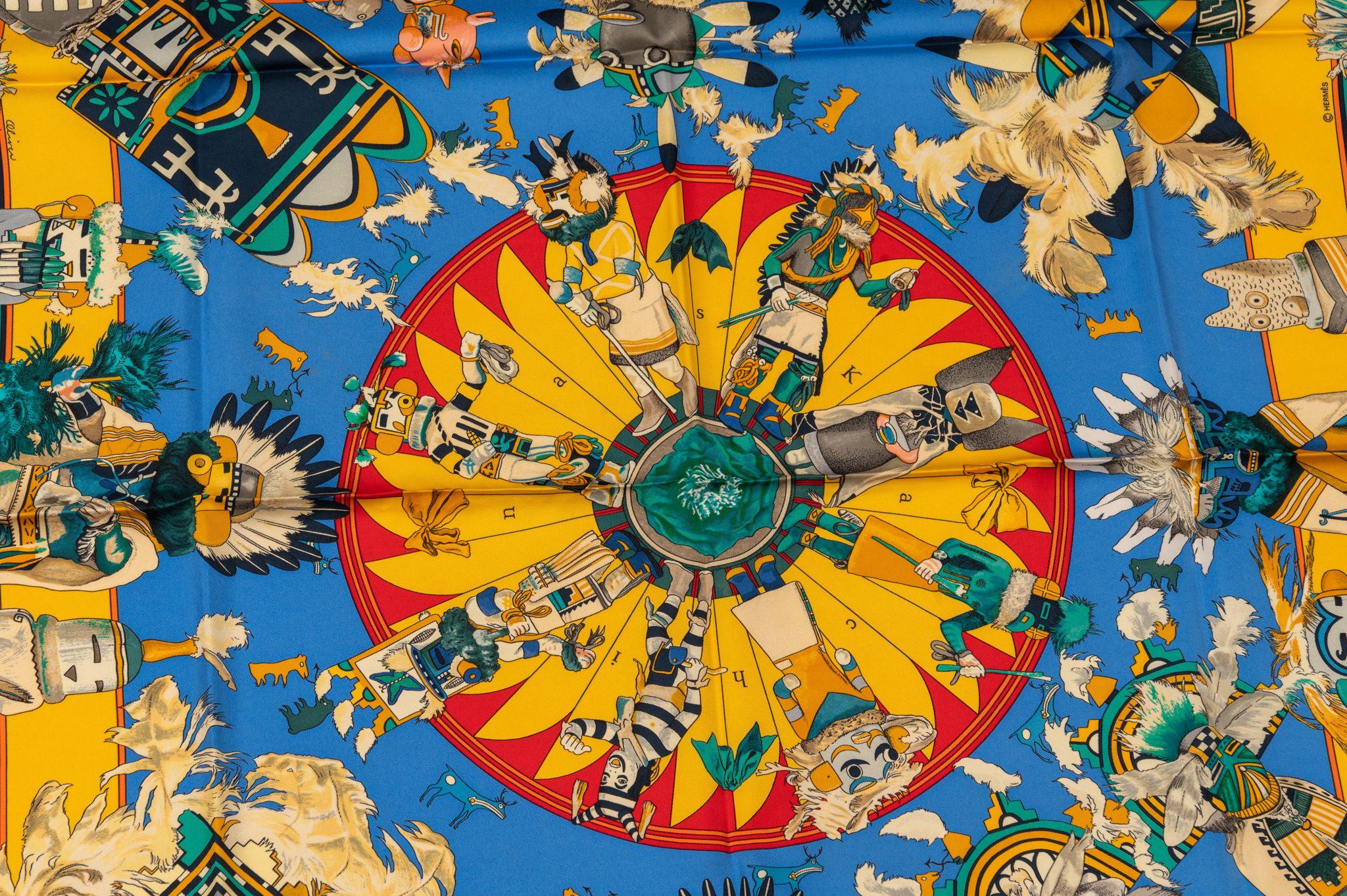 Brown Hermès Red Yellow Silk Kachinas Scarf For Sale