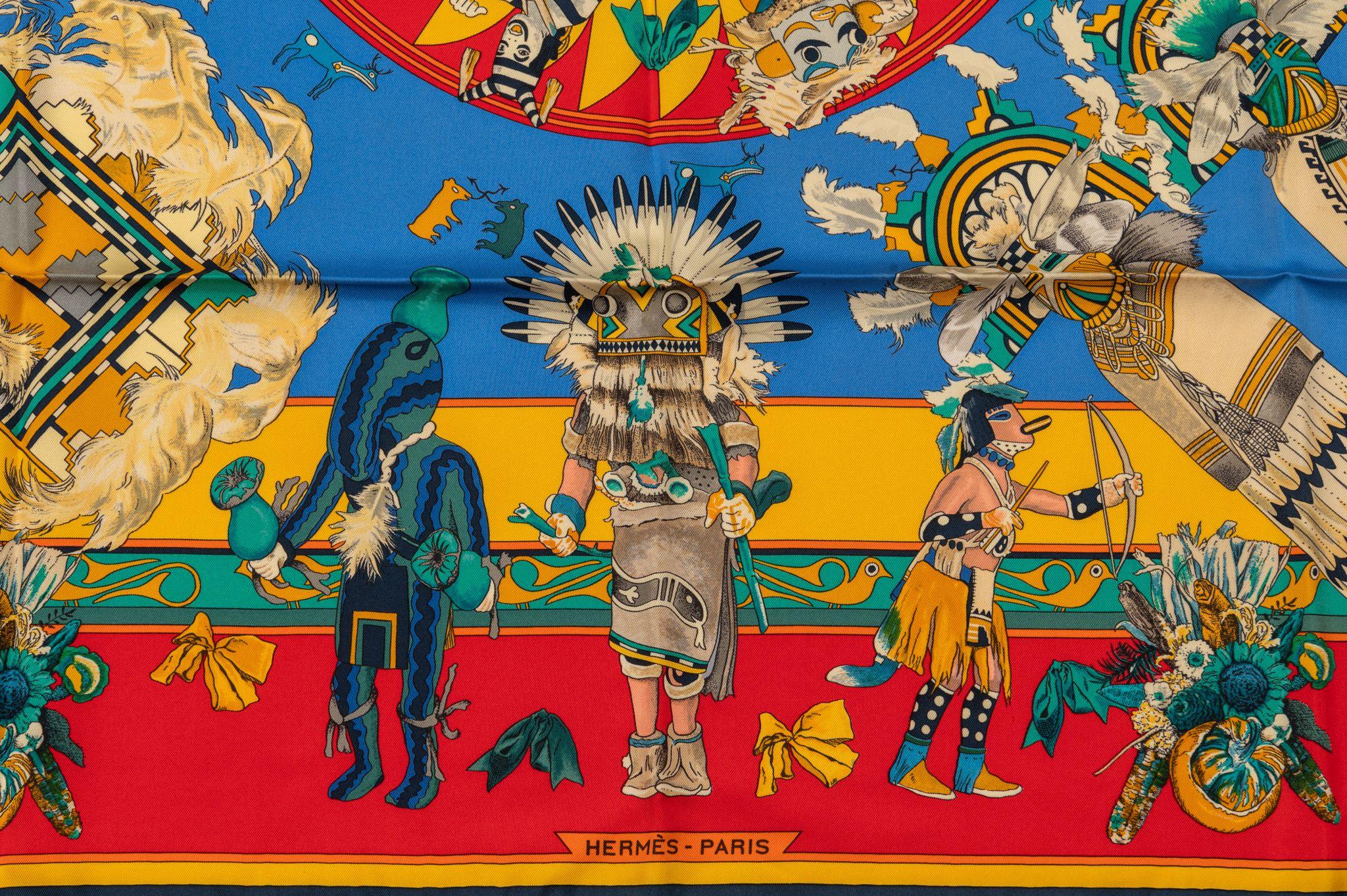 Hermès Red Yellow Silk Kachinas Scarf In Excellent Condition For Sale In West Hollywood, CA