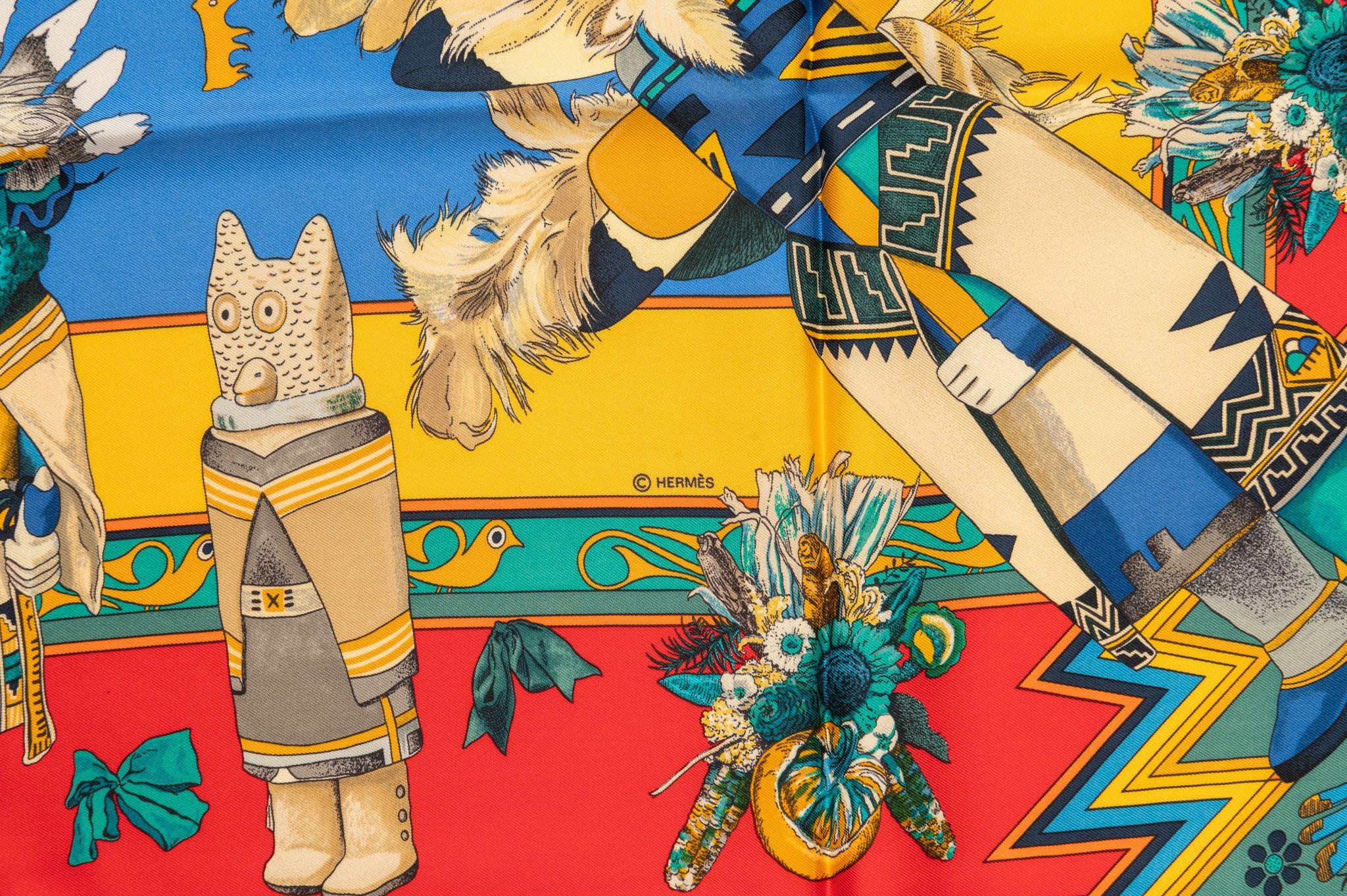 Women's or Men's Hermès Red Yellow Silk Kachinas Scarf For Sale