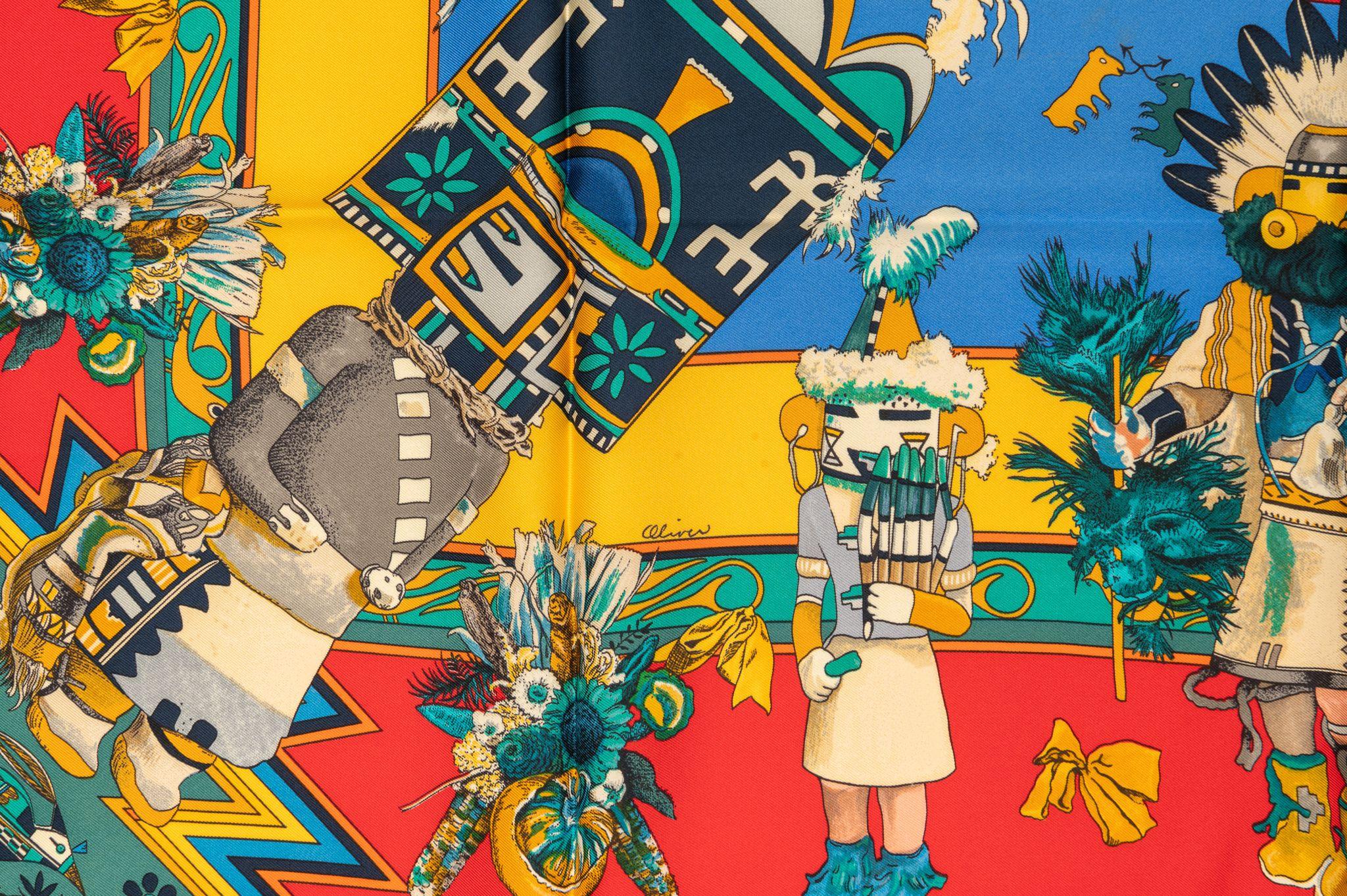 Hermès Red Yellow Silk Kachinas Scarf For Sale 1