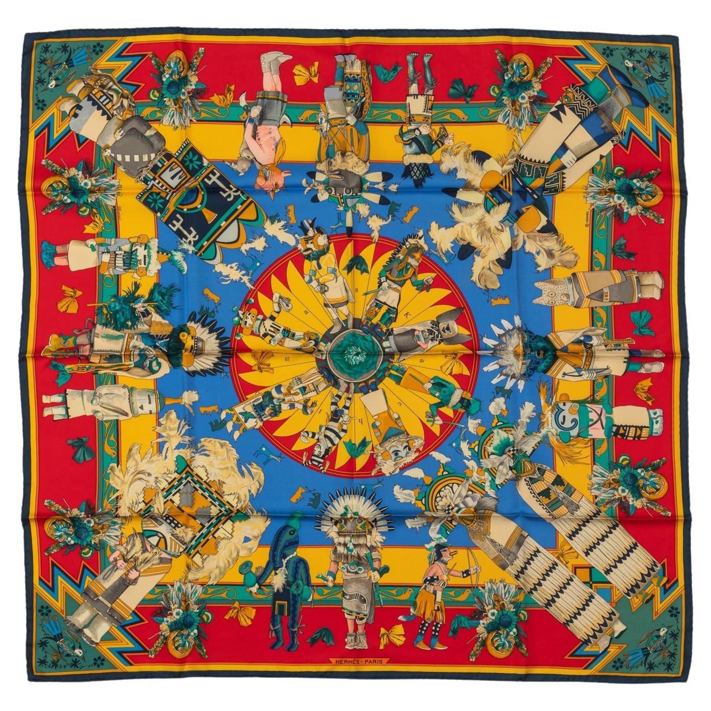 Hermès Red Yellow Silk Kachinas Scarf For Sale