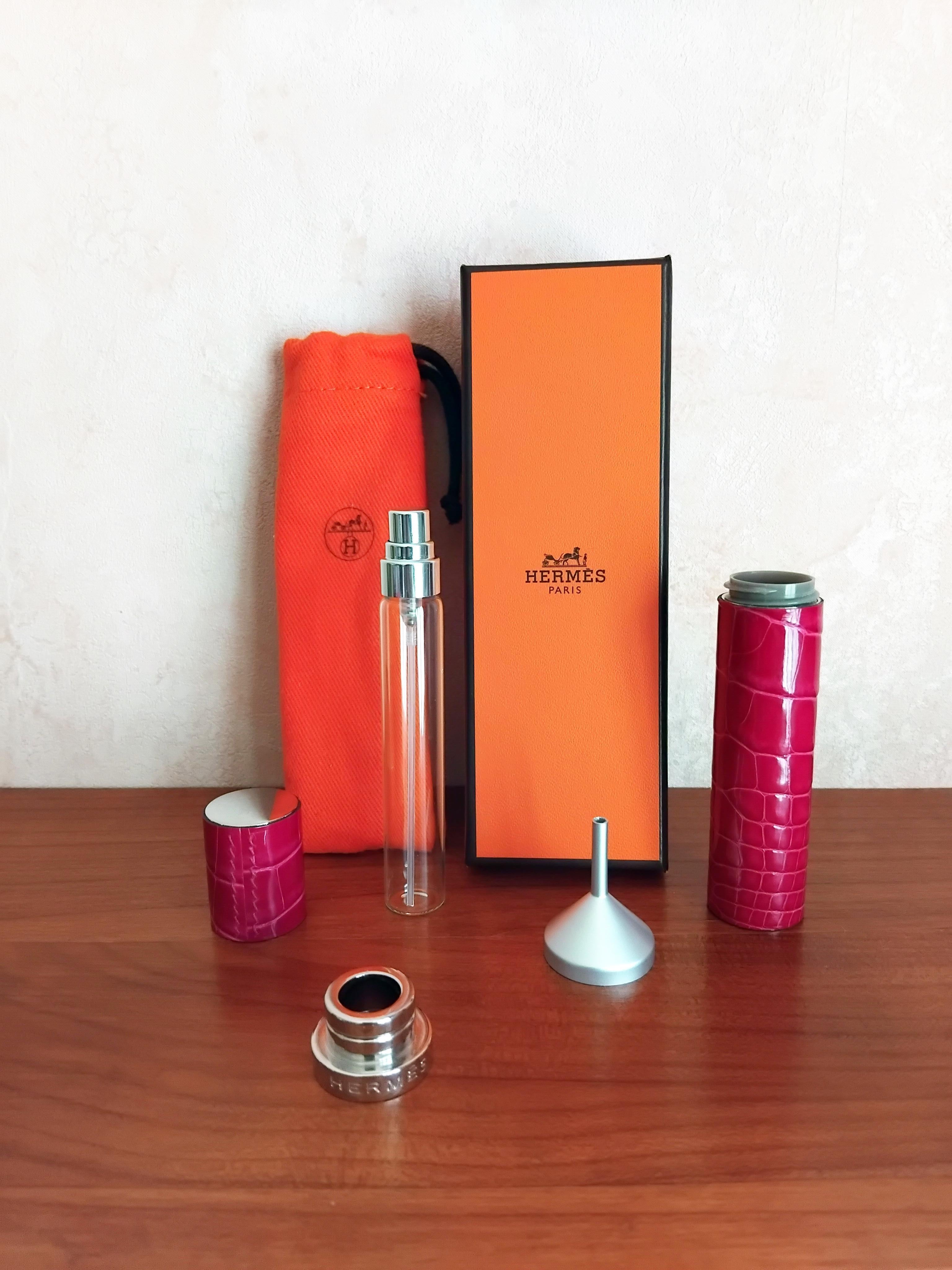 Hermès Refillable Perfume Spray and Case in Rose Pourpre Crocodile RARE For Sale 14
