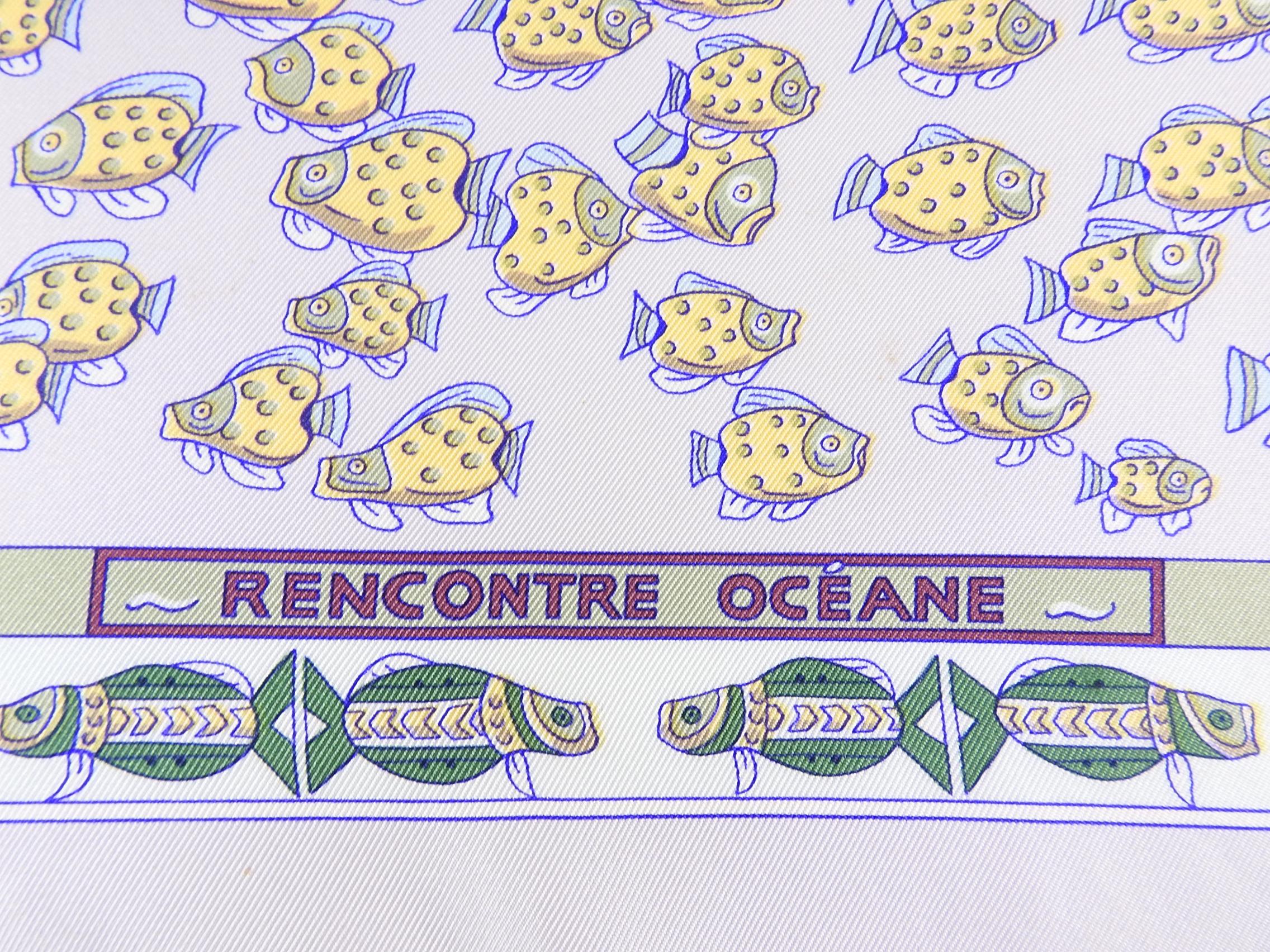 Hermes Rencontre Ocean Light Purple Fish Silk 90cm Scarf In Excellent Condition In Toronto, ON