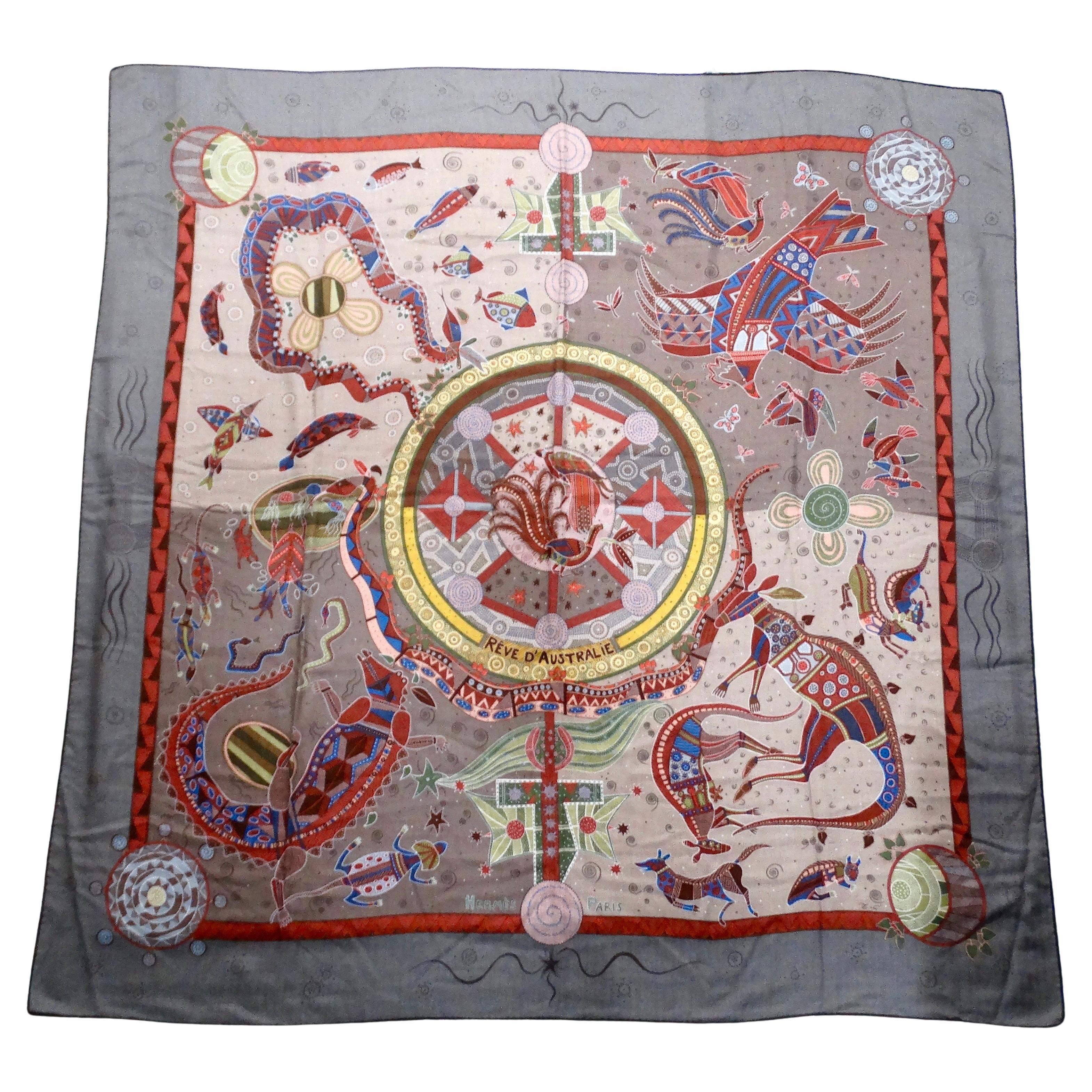 Hermes "Reve d'Australie" 140 cm Grey Cashmere & Silk Print Shawl For Sale
