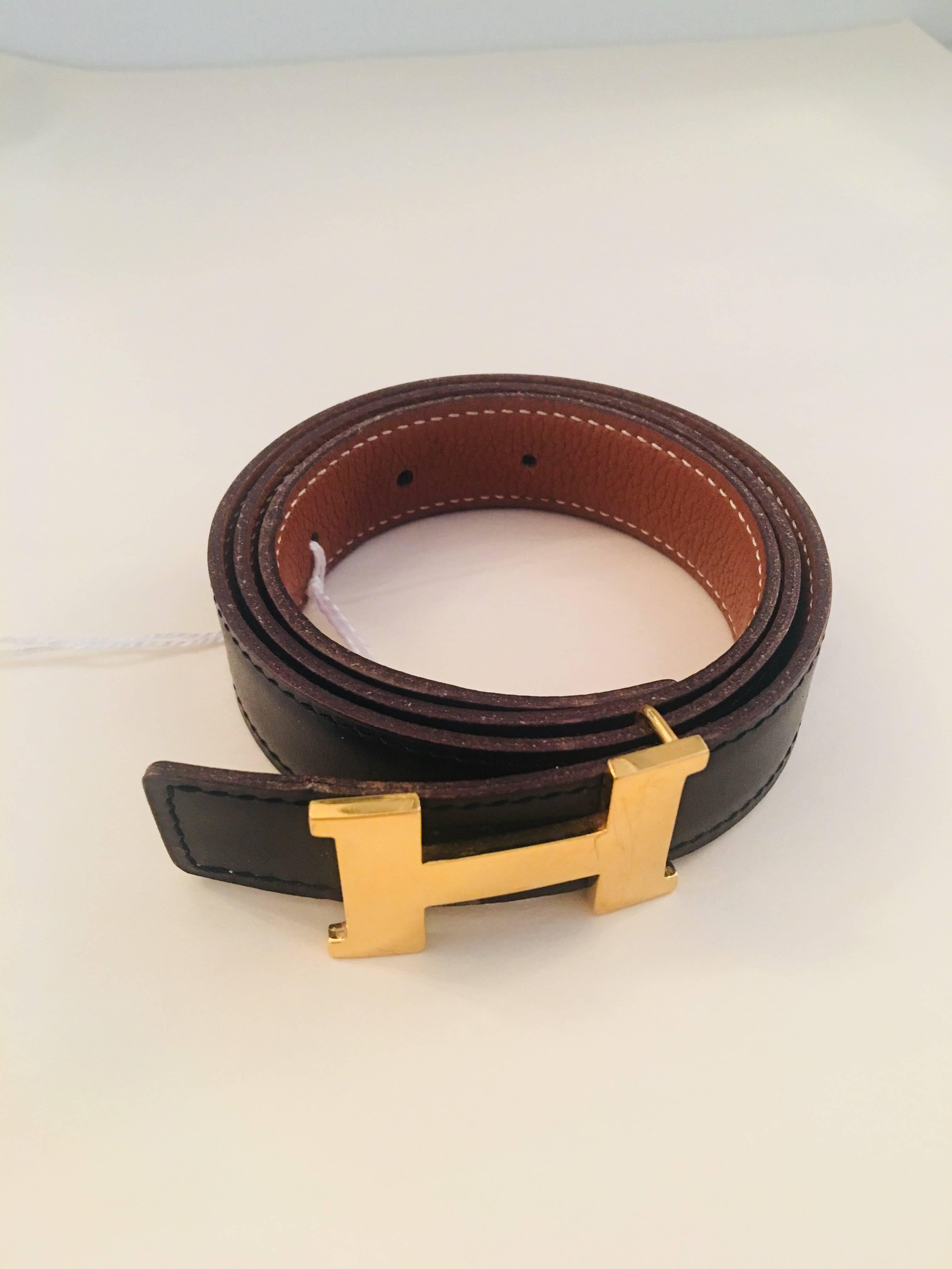 Hermes Reversible Belt- 70cm, Gold Buckle. Dark Brown/ Cognac Leather.