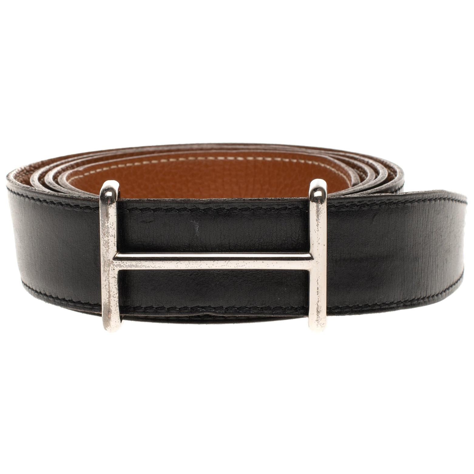 Hermès reversible belt in black calfskin & Togo gold with silvery large H buckle
