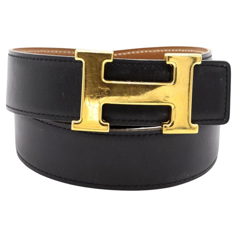 HERMES HERMES H belt Box calf leather Black Gray Etain Black Used mens SHW U