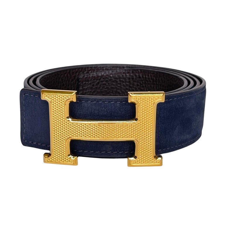 Hermes Reversible Navy/Brown Gold Grooved Finished H Buckle Belt (90/34 ...