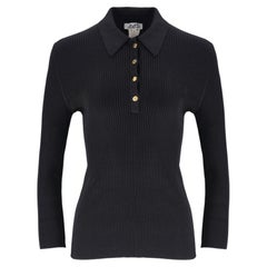 Hermes Ribbed Collared Top With Logo Engraved Buttons