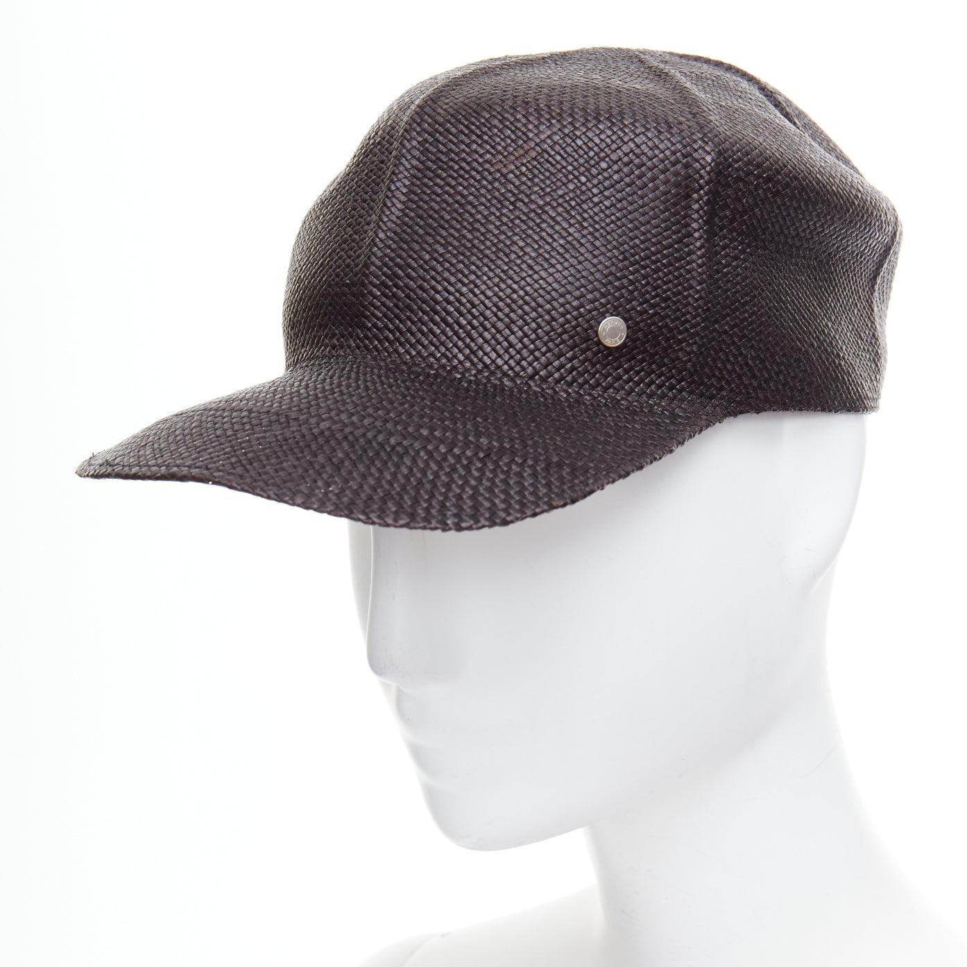 Gray HERMES Riley Panama black straw small silver logo cotton lined cap hat 57cm For Sale