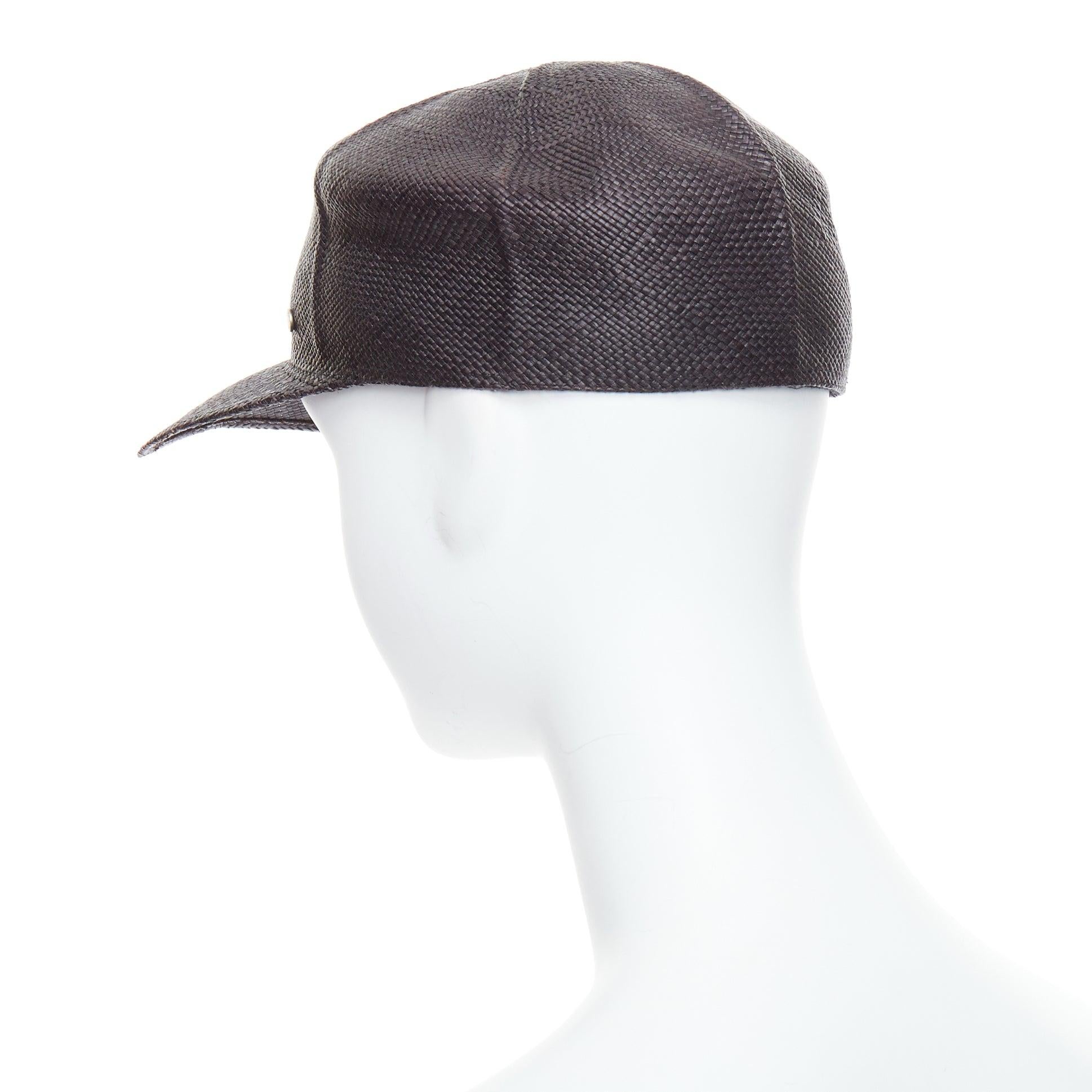 HERMES Riley Panama black straw small silver logo cotton lined cap hat 57cm For Sale 1