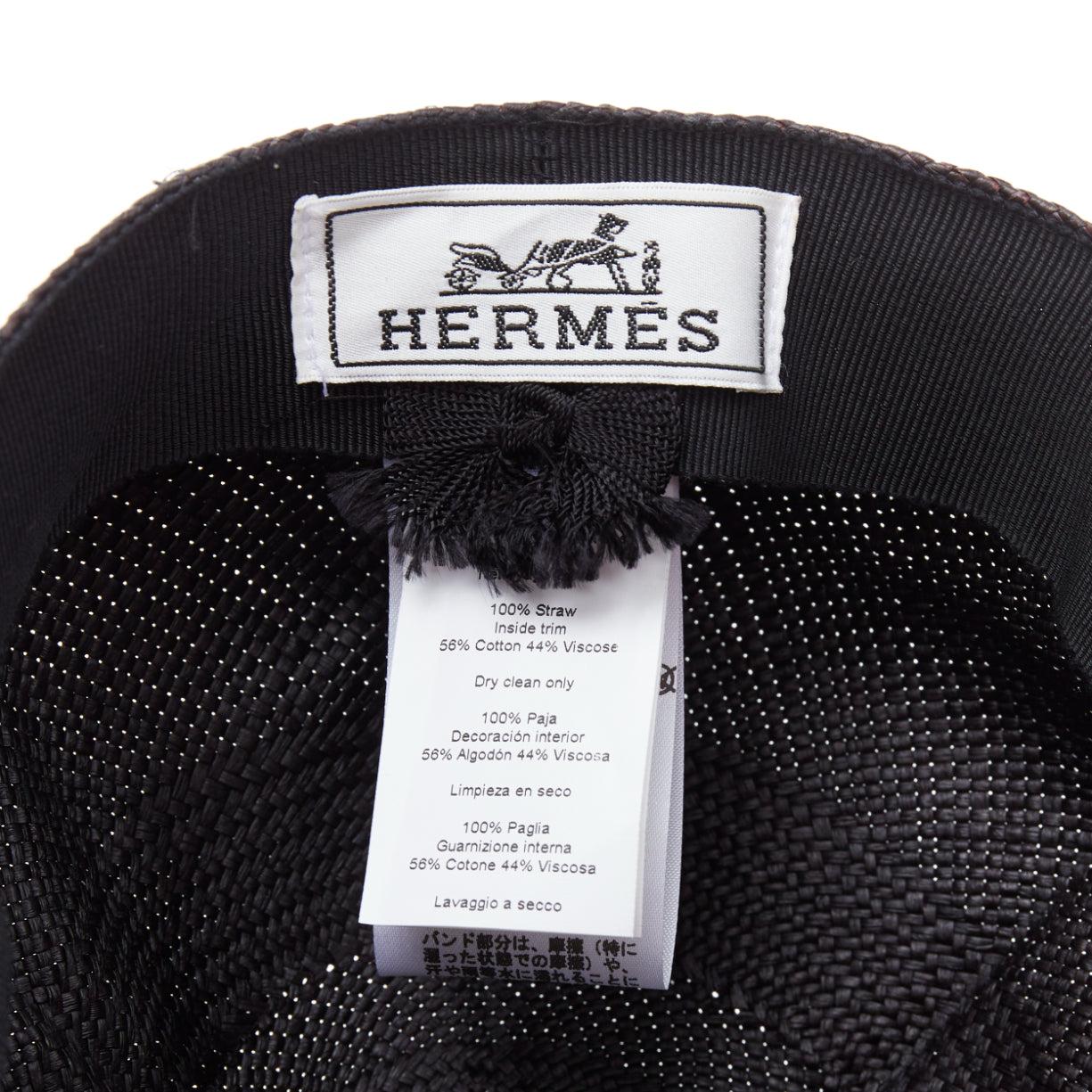 HERMES Riley Panama black straw small silver logo cotton lined cap hat 57cm For Sale 3