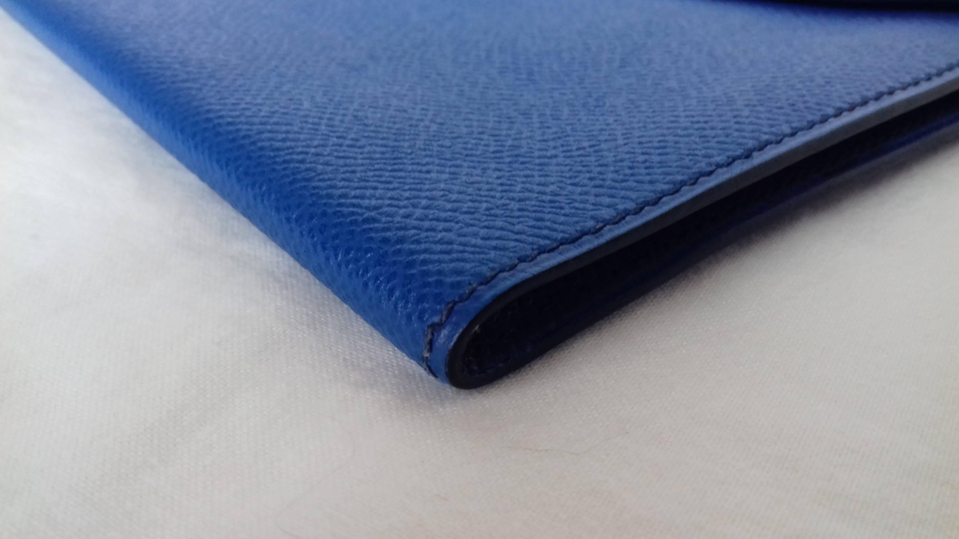 Women's Hermes Rio Pochette Clutch Envelope Bag Blue Couchevel Leather Ghw 24 cm