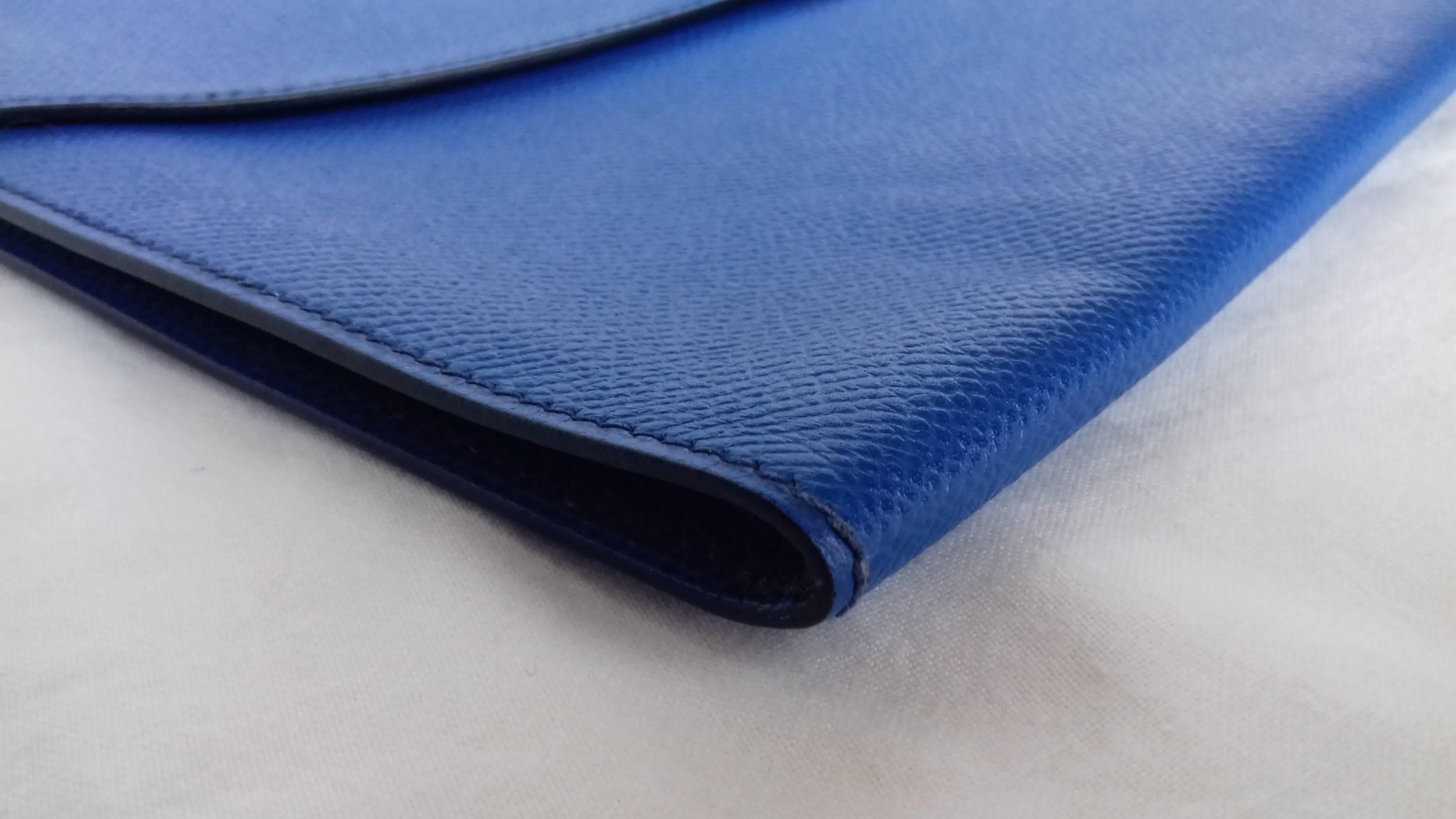 Hermes Rio Pochette Clutch Envelope Bag Blue Couchevel Leather Ghw 24 cm 1