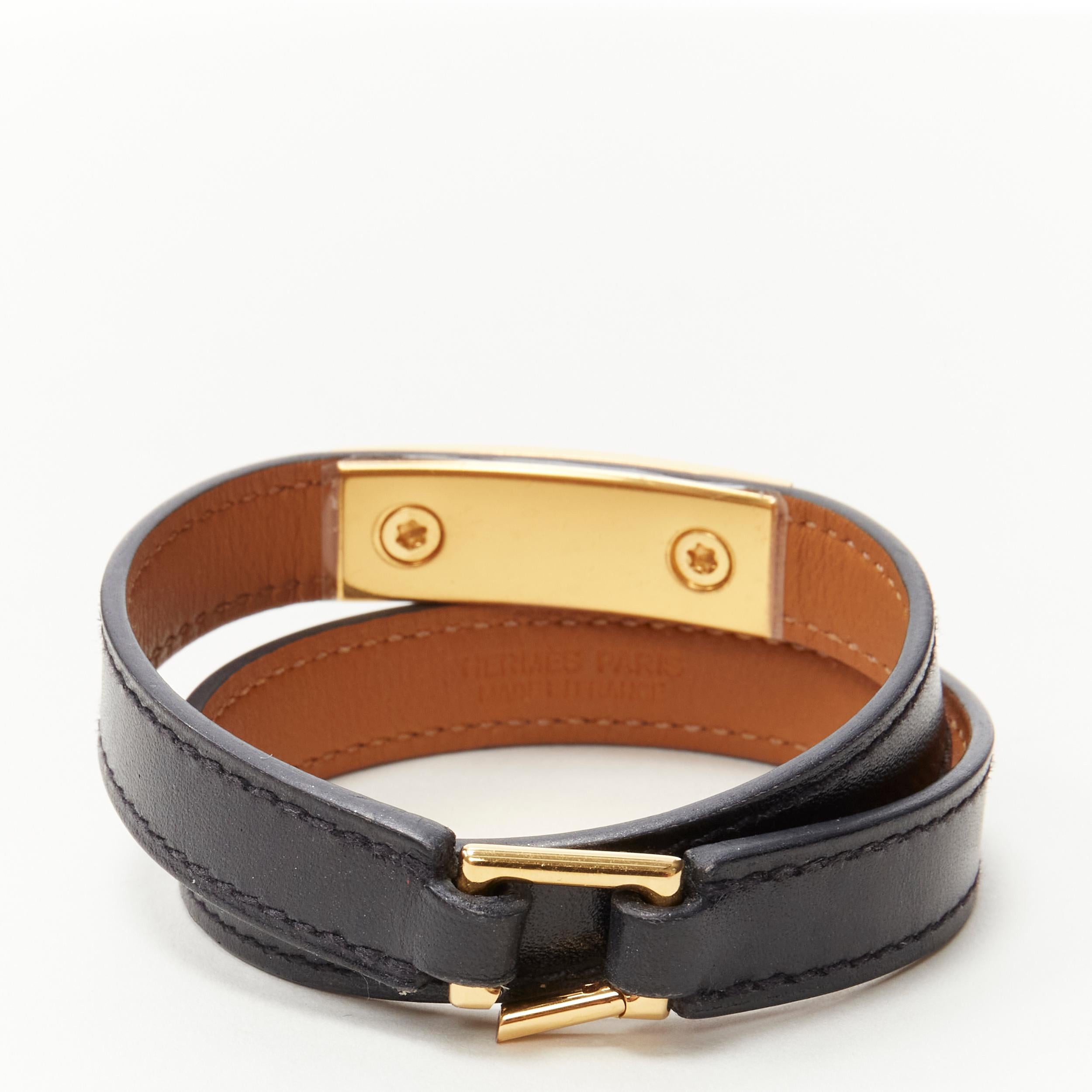 HERMES Rivale Double Tour GHW gold Collier stud black leather wrap bracelet In Good Condition In Hong Kong, NT