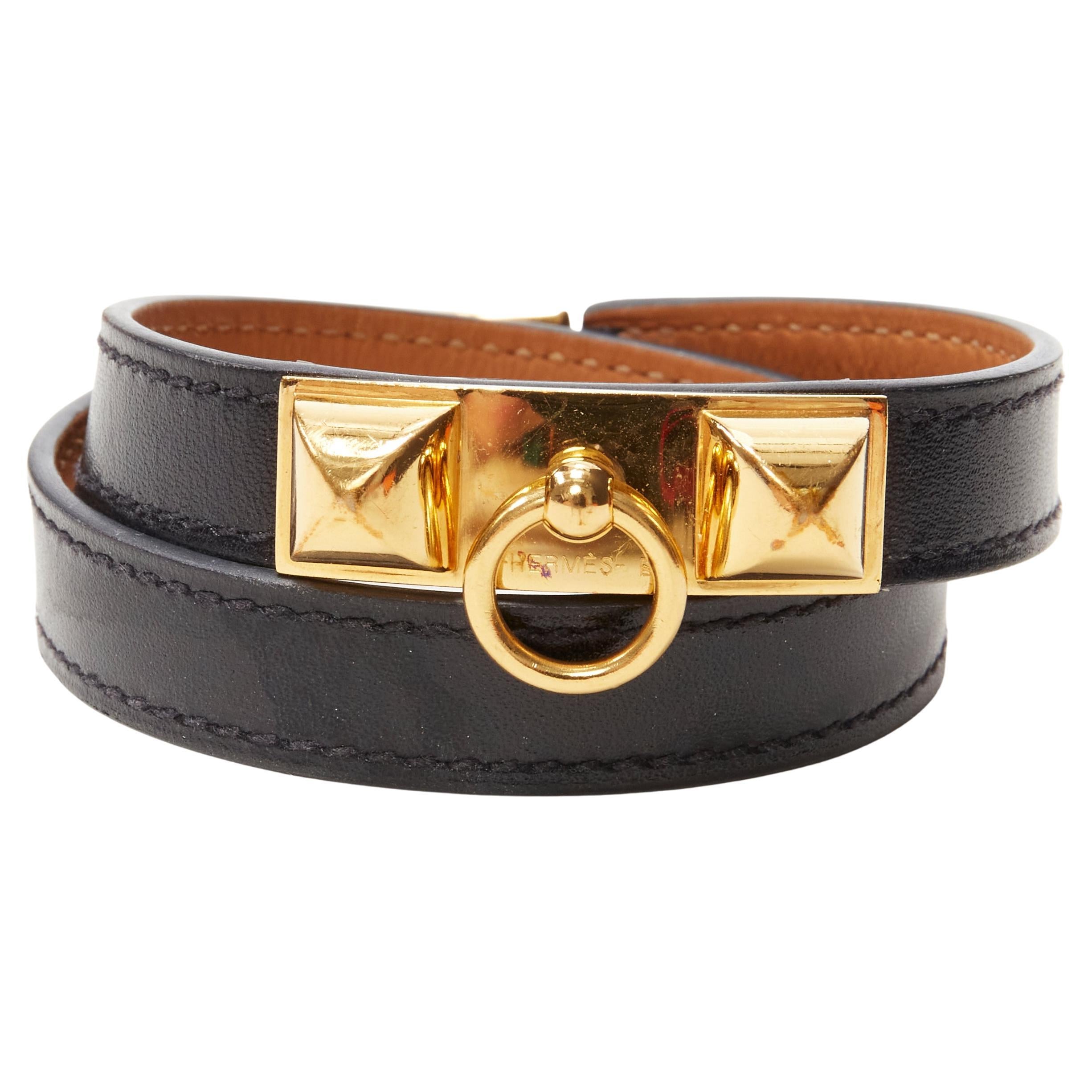 HERMES Rivale Double Tour GHW gold Collier stud black leather wrap bracelet