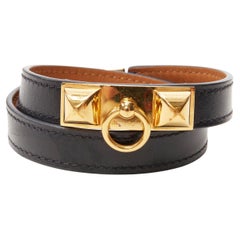 HERMES Rivale Double Tour GHW gold Collier stud black leather wrap bracelet