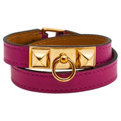 Hermes Rivale Double Tour Goldfarbenes rosa Metall-Lederarmband T3