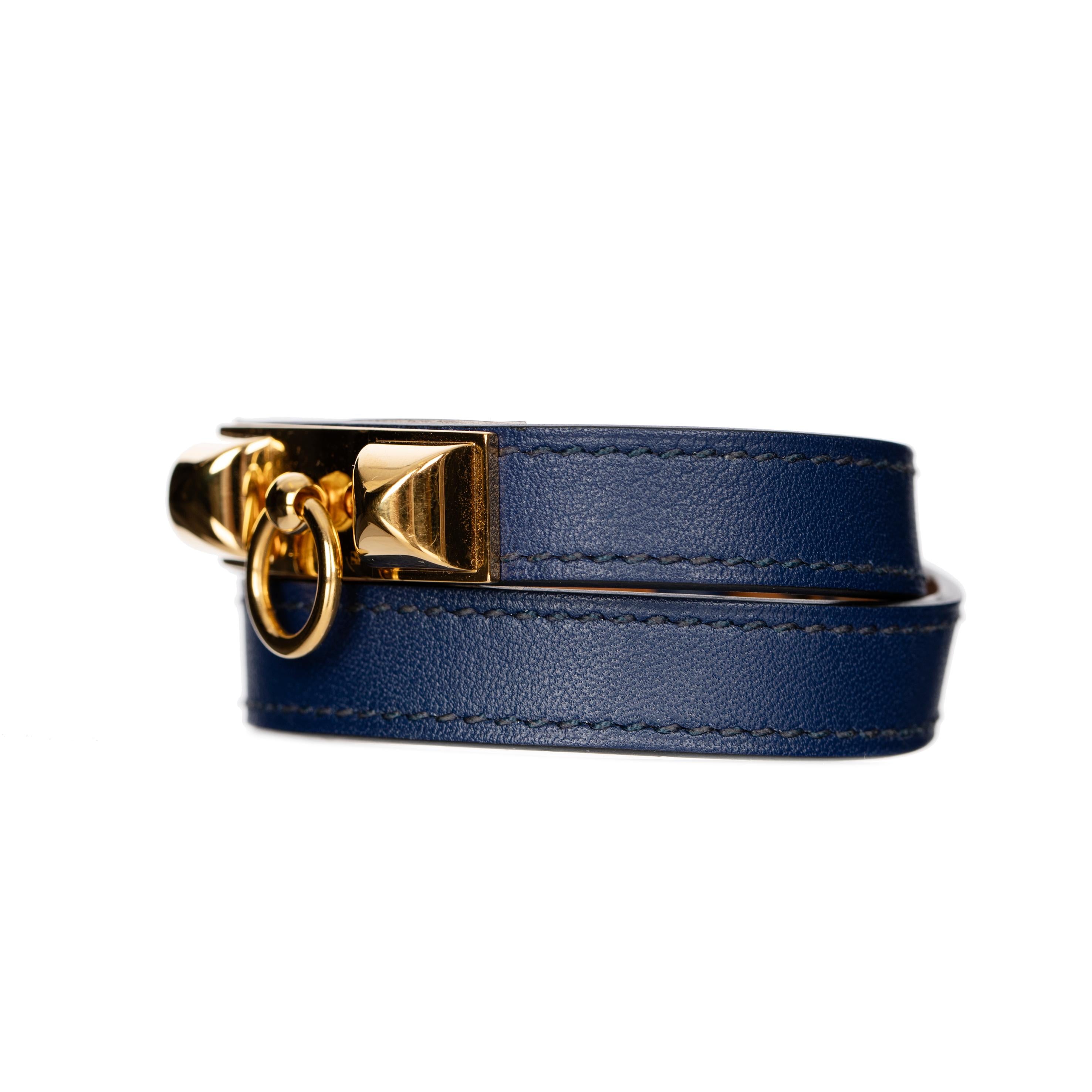 Hermes Rivale Double Tour Navy Bracelet With Gold Tone Hardware 1