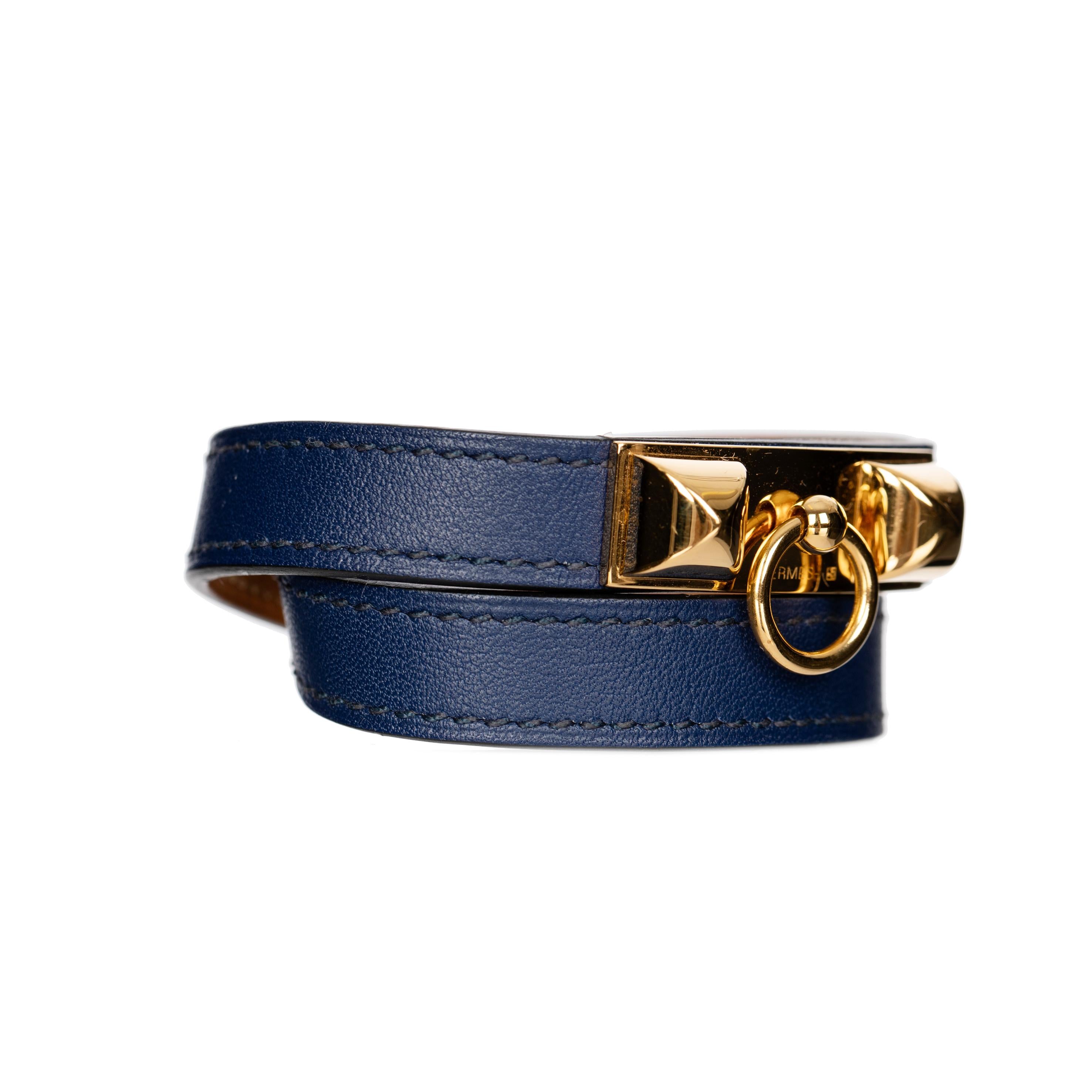 Hermes Rivale Double Tour Navy Bracelet With Gold Tone Hardware 2